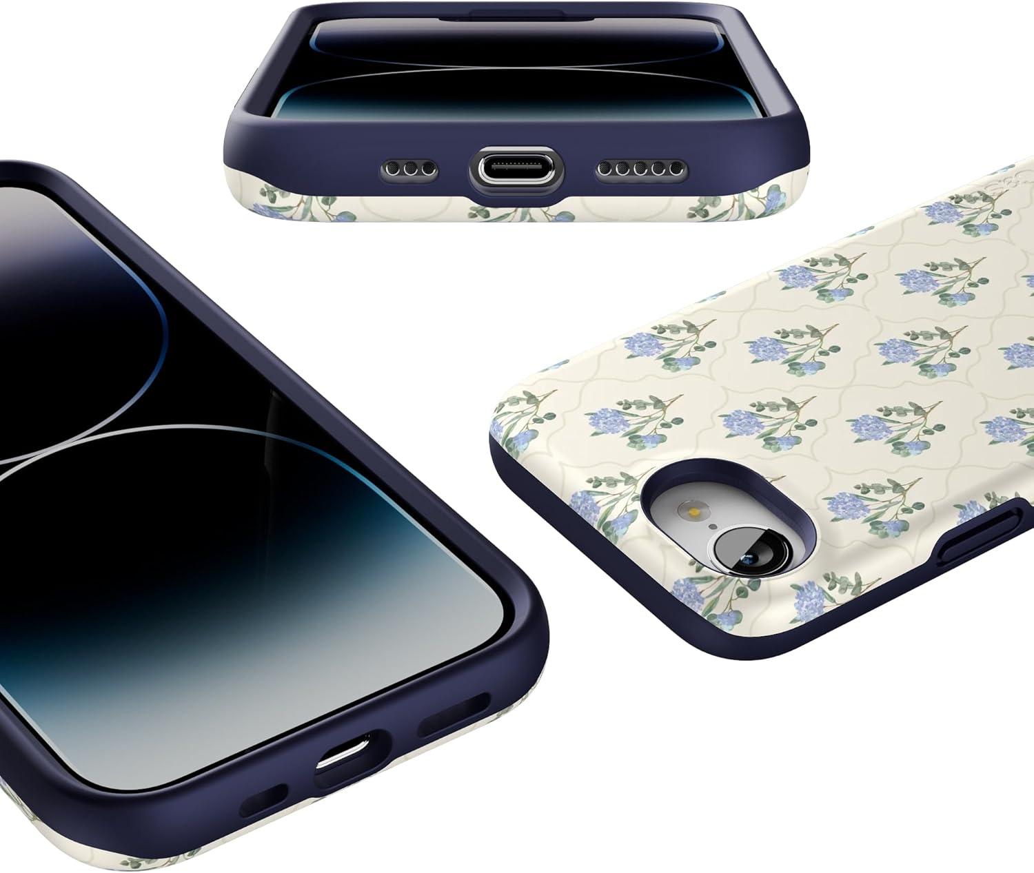 imageCasely iPhone 16e Case The Boyfriend Collection Army Green Bold Protective Design MagSafe Compatible DesignVintage Garden Blue Hydrangea