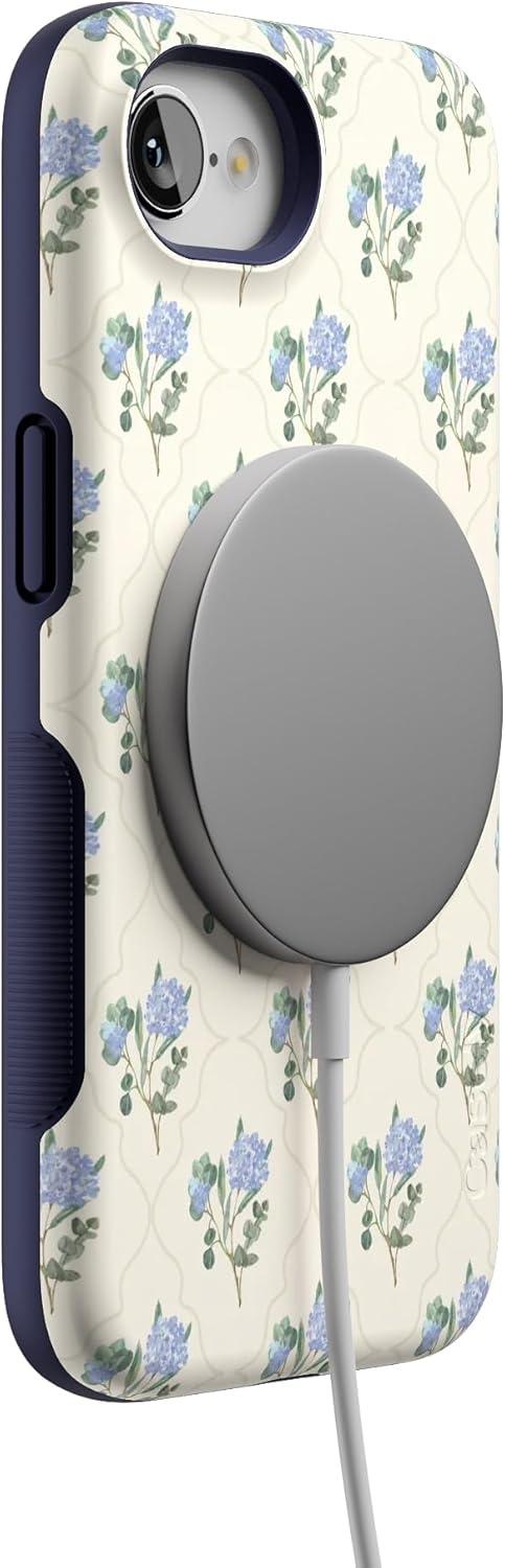 imageCasely iPhone 16e Case The Boyfriend Collection Army Green Bold Protective Design MagSafe Compatible DesignVintage Garden Blue Hydrangea