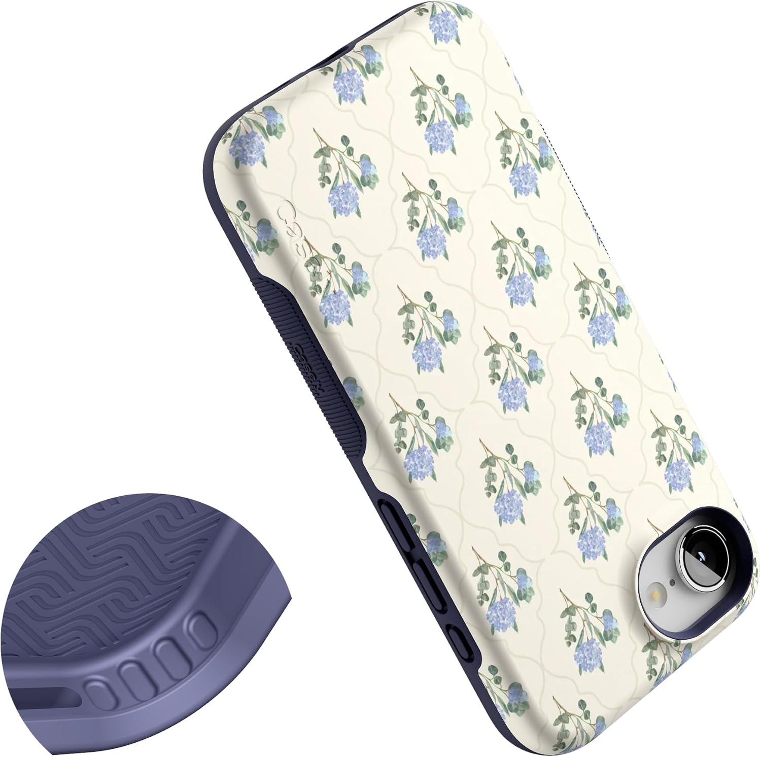 imageCasely iPhone 16e Case The Boyfriend Collection Army Green Bold Protective Design MagSafe Compatible DesignVintage Garden Blue Hydrangea