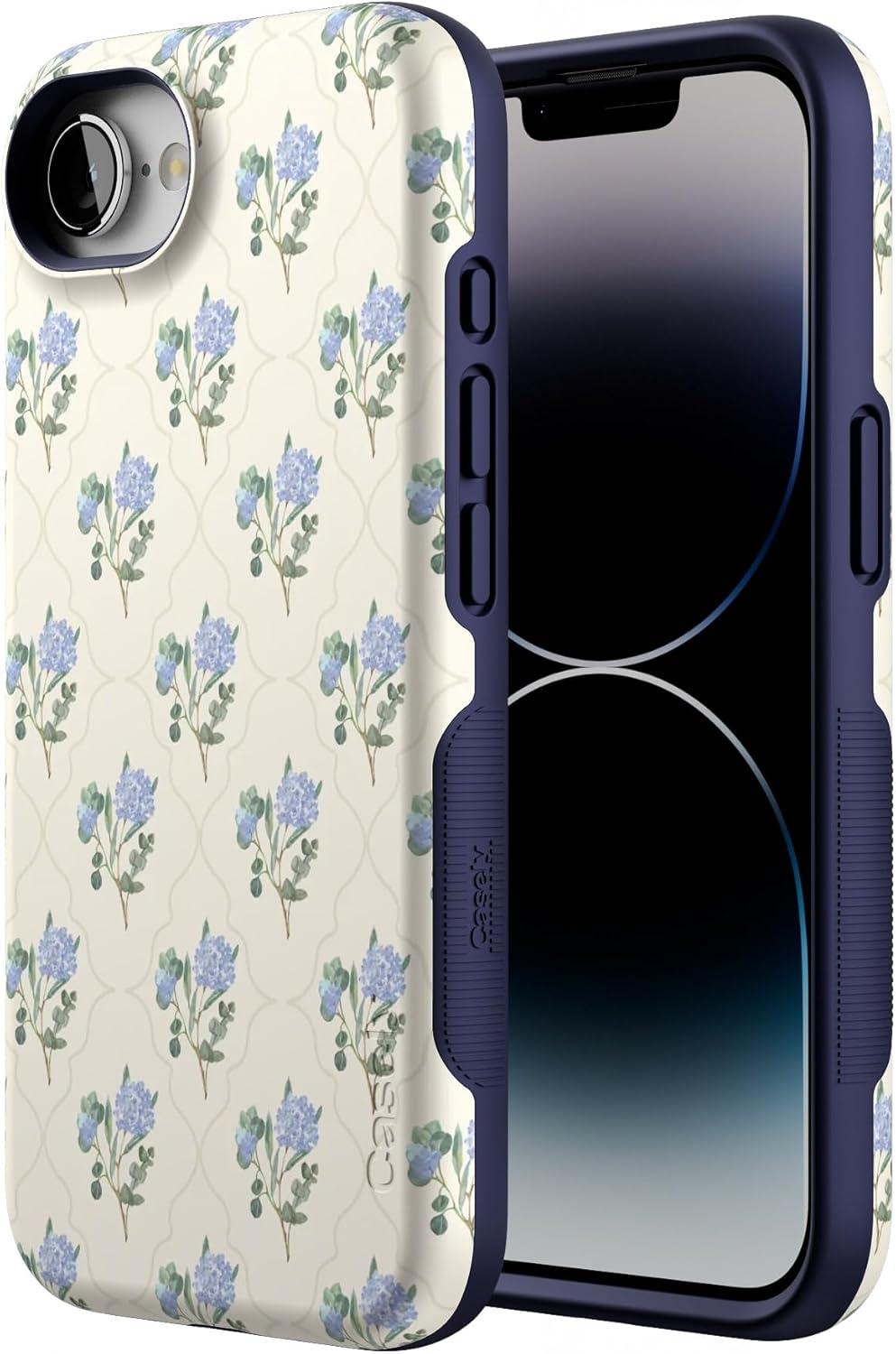 imageCasely iPhone 16e Case The Boyfriend Collection Army Green Bold Protective Design MagSafe Compatible DesignVintage Garden Blue Hydrangea