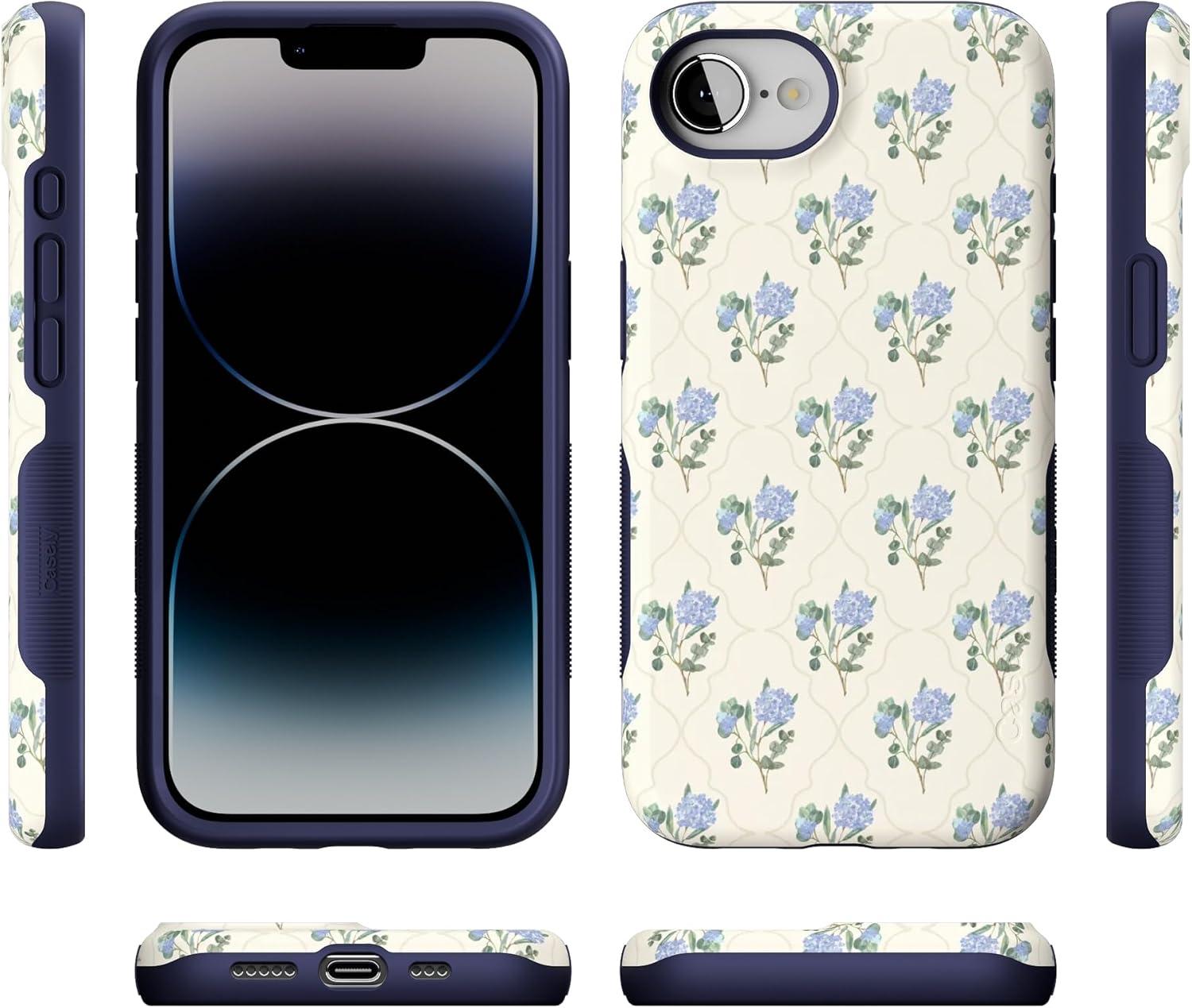 imageCasely iPhone 16e Case The Boyfriend Collection Army Green Bold Protective Design MagSafe Compatible DesignVintage Garden Blue Hydrangea