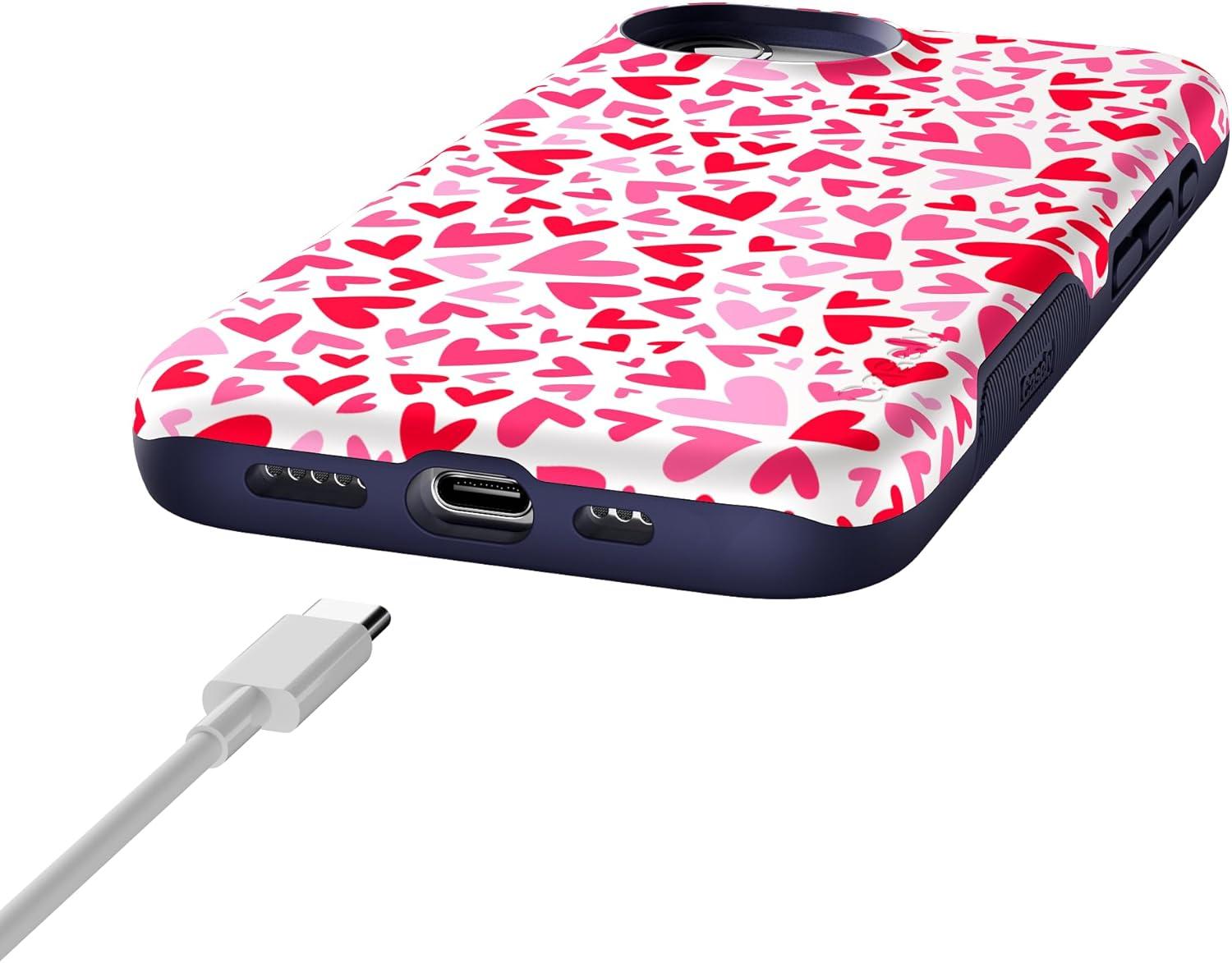 imageCasely iPhone 16e Case The Boyfriend Collection Army Green Bold Protective Design MagSafe Compatible DesignXOXO Pink Candy Hearts