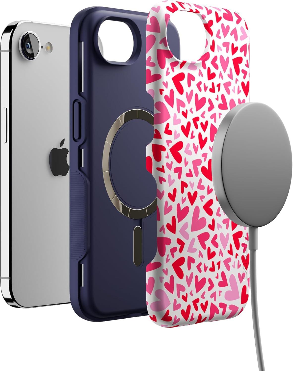 imageCasely iPhone 16e Case The Boyfriend Collection Army Green Bold Protective Design MagSafe Compatible DesignXOXO Pink Candy Hearts