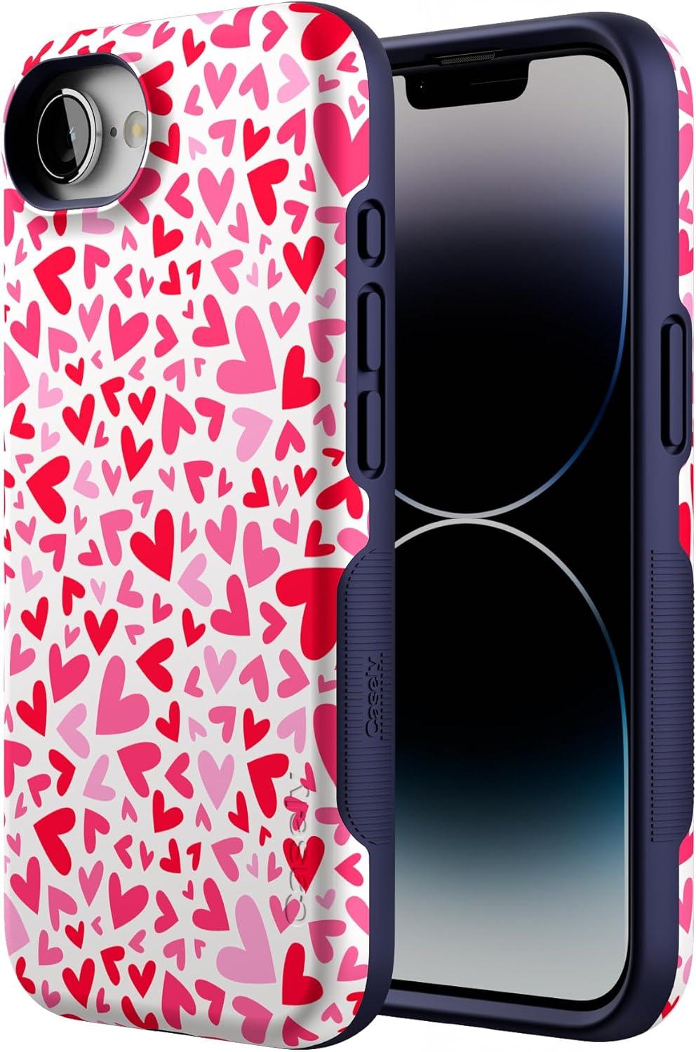 imageCasely iPhone 16e Case The Boyfriend Collection Army Green Bold Protective Design MagSafe Compatible DesignXOXO Pink Candy Hearts
