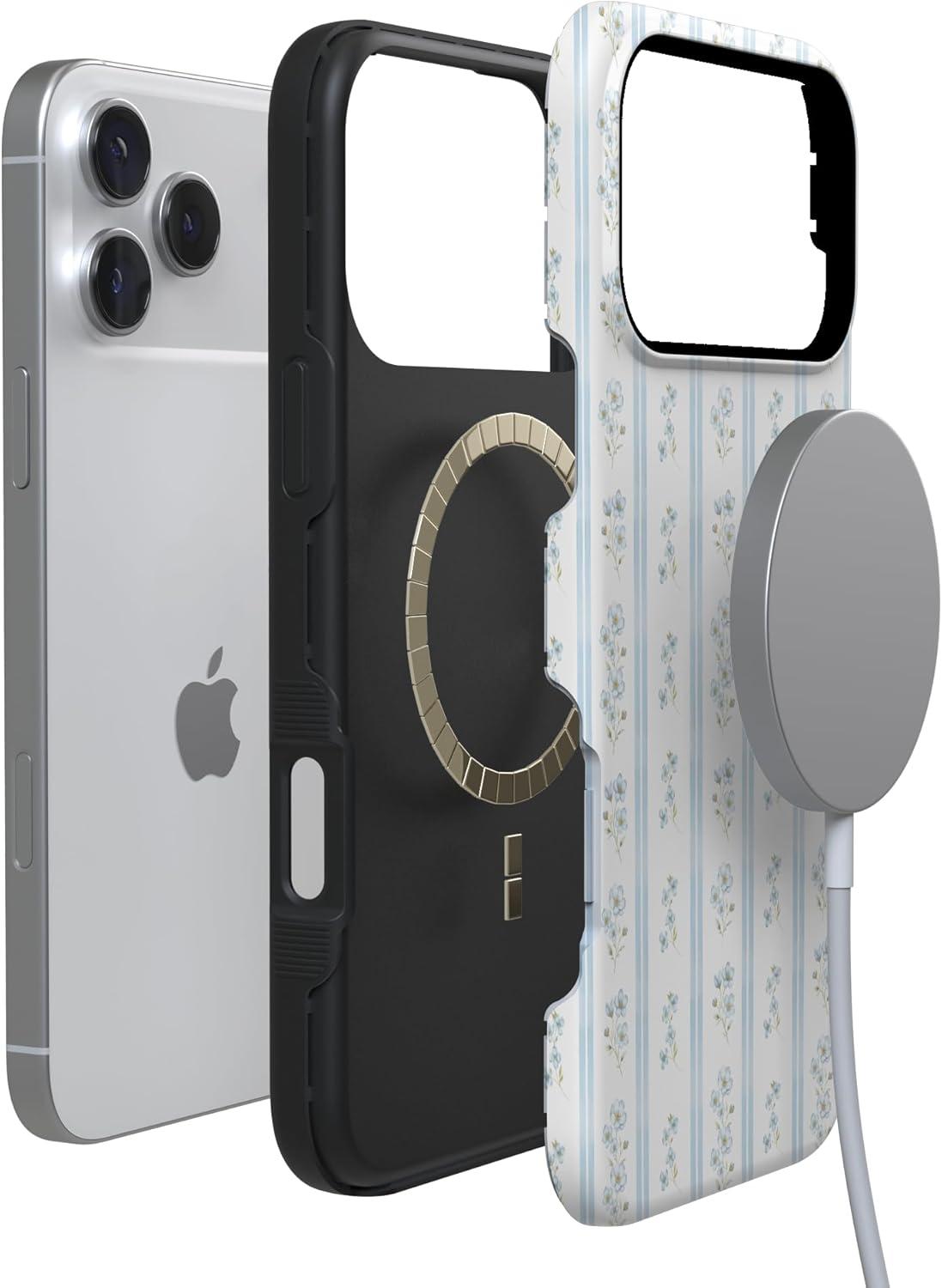 imageCasely iPhone 17 Pro Case Cottage Stripe Blue Floral Bold Protective Design Compatible with MagSafe