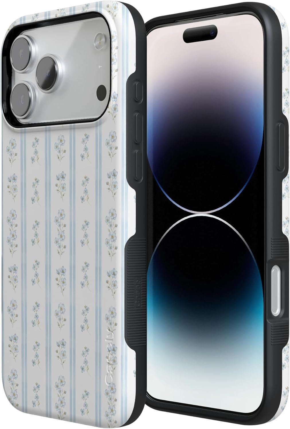 imageCasely iPhone 17 Pro Case Cottage Stripe Blue Floral Bold Protective Design Compatible with MagSafe
