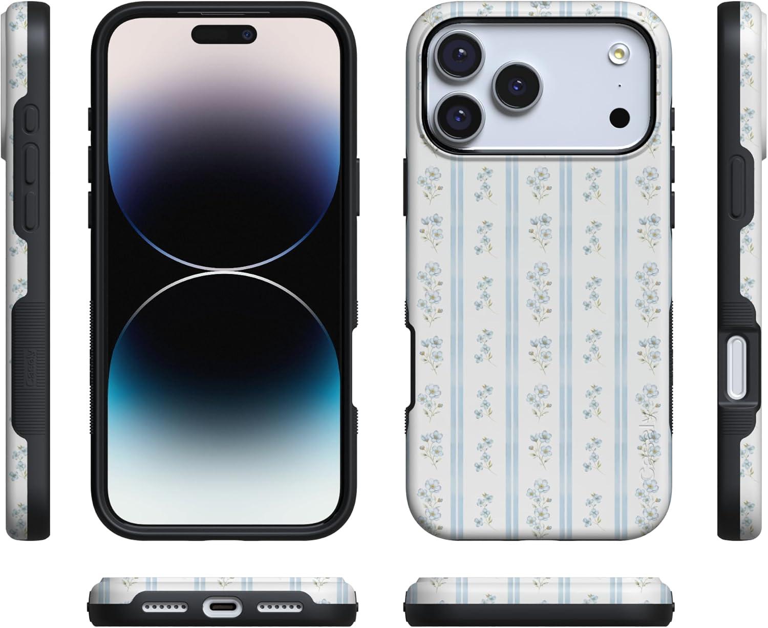 imageCasely iPhone 17 Pro Case Cottage Stripe Blue Floral Bold Protective Design Compatible with MagSafe