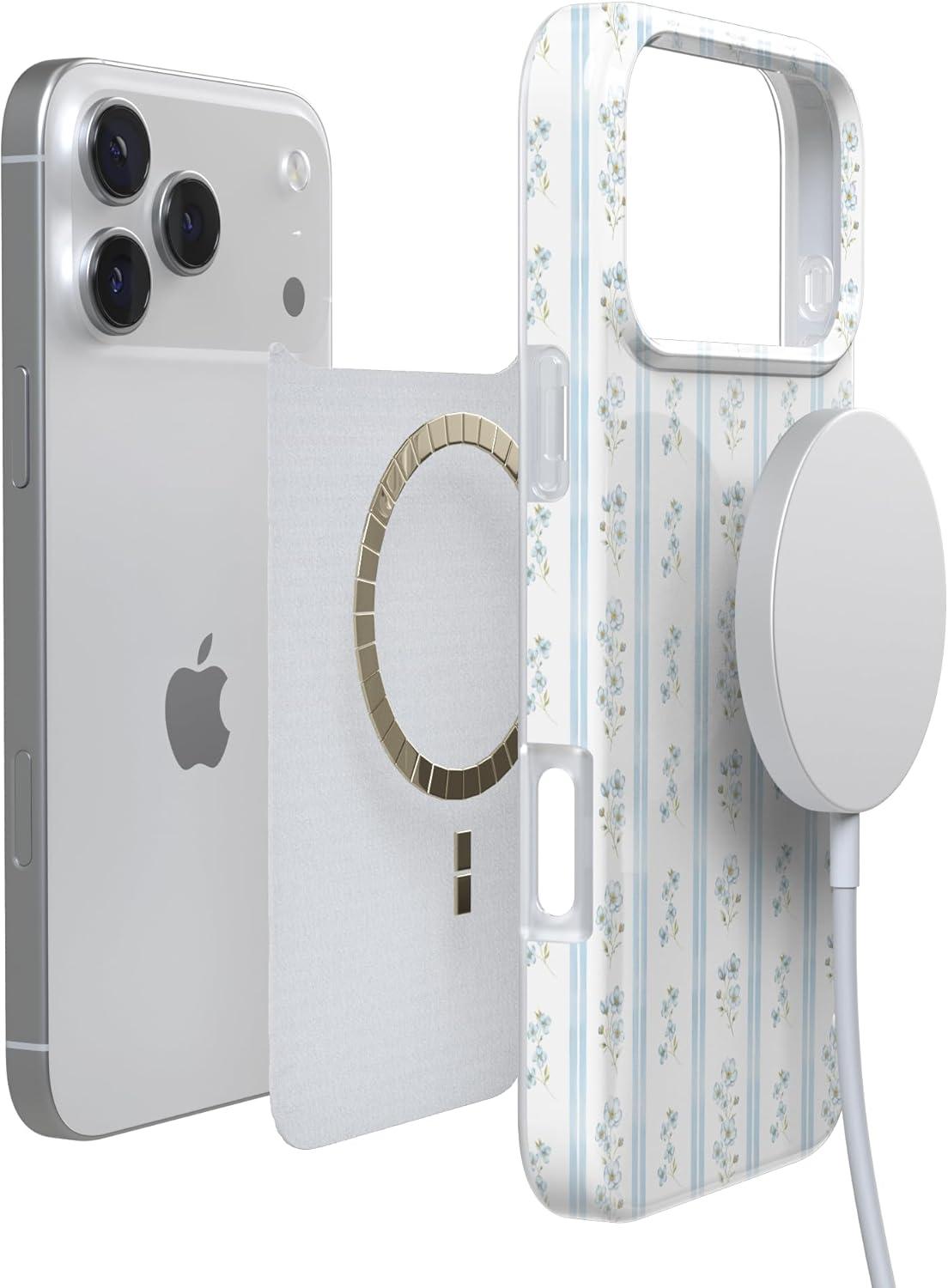 imageCasely iPhone 17 Pro Case Cottage Stripe Blue Floral Compatible with MagSafe Classic Ultra Thin Design