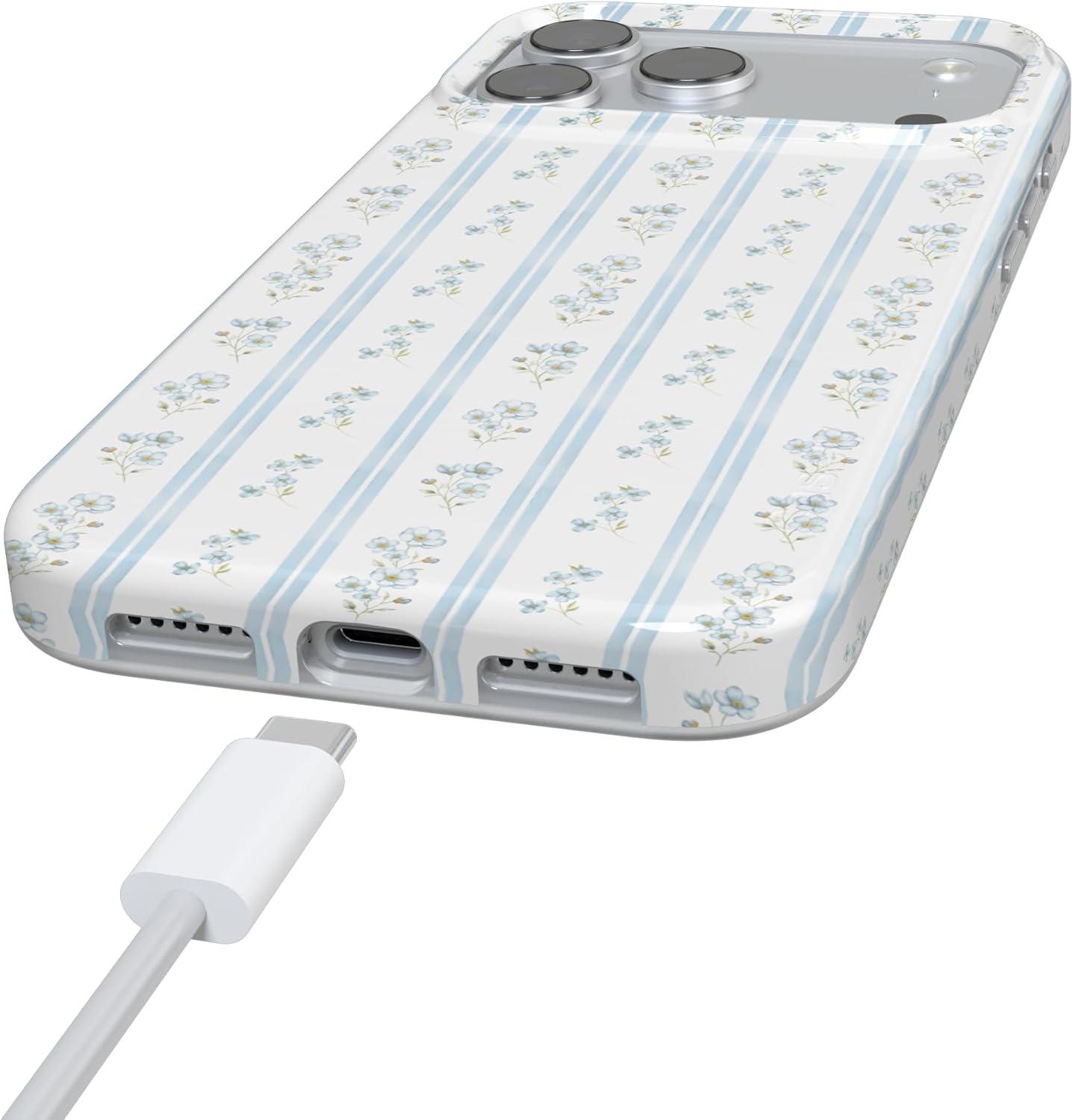 imageCasely iPhone 17 Pro Case Cottage Stripe Blue Floral Compatible with MagSafe Classic Ultra Thin Design