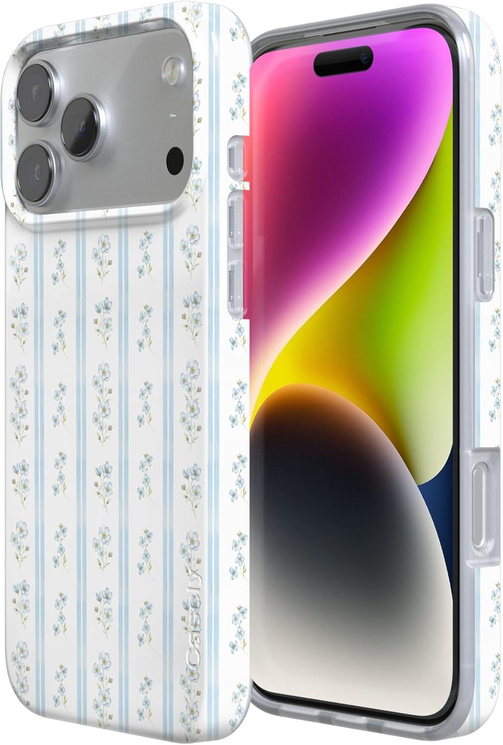 imageCasely iPhone 17 Pro Case Cottage Stripe Blue Floral Compatible with MagSafe Classic Ultra Thin Design