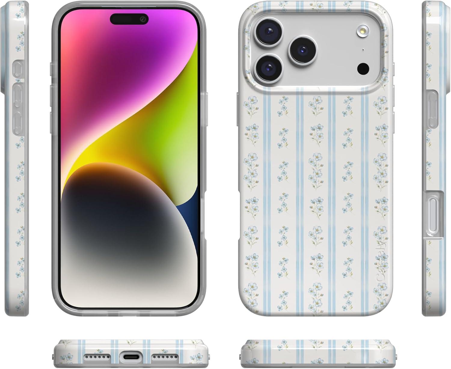 imageCasely iPhone 17 Pro Case Cottage Stripe Blue Floral Compatible with MagSafe Classic Ultra Thin Design