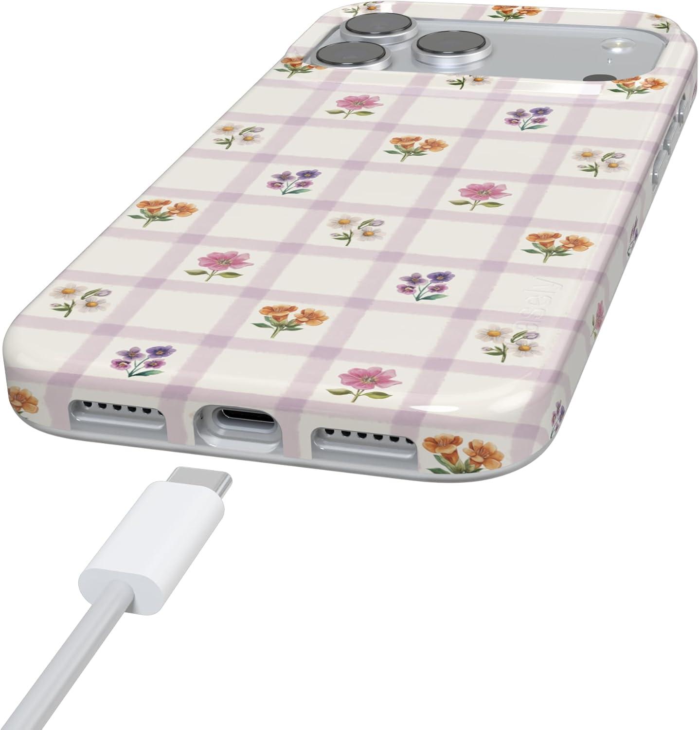 imageCasely iPhone 17 Pro Case Meadow Check Floral Gingham Compatible with MagSafe Classic Ultra Thin Design