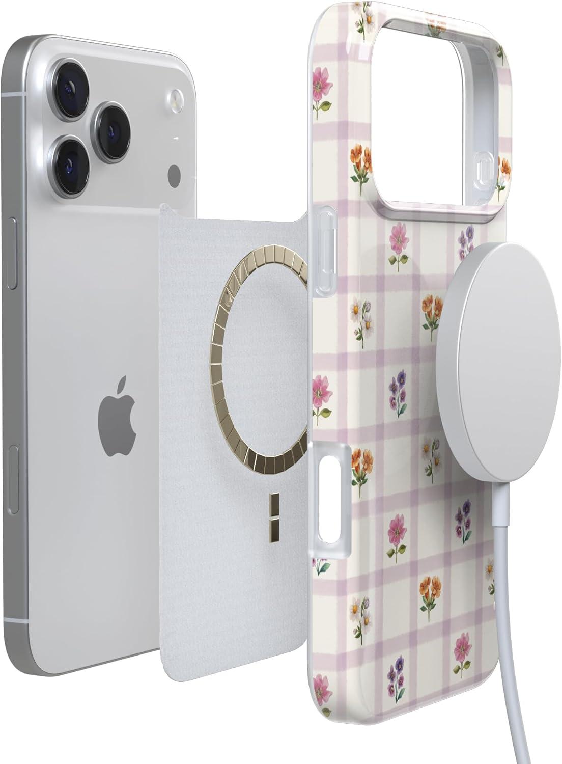 imageCasely iPhone 17 Pro Case Meadow Check Floral Gingham Compatible with MagSafe Classic Ultra Thin Design