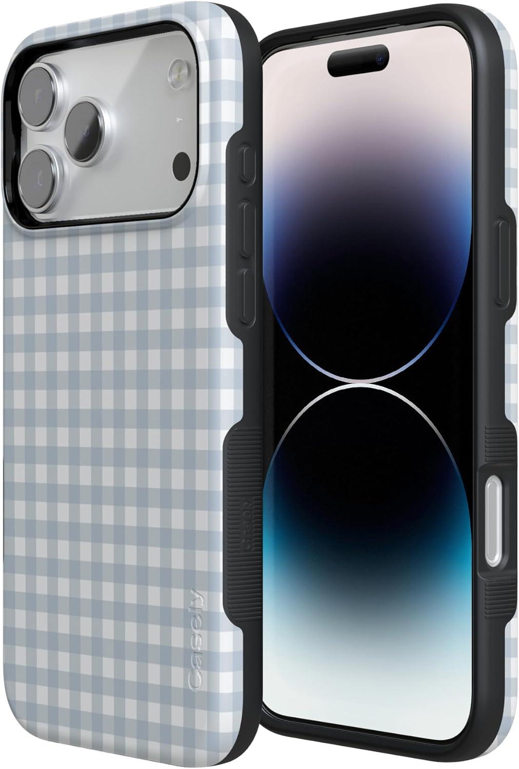 imageCasely iPhone 17 Pro Case Pastel Picnic Blue Gingham Bold Protective Design Compatible with MagSafe