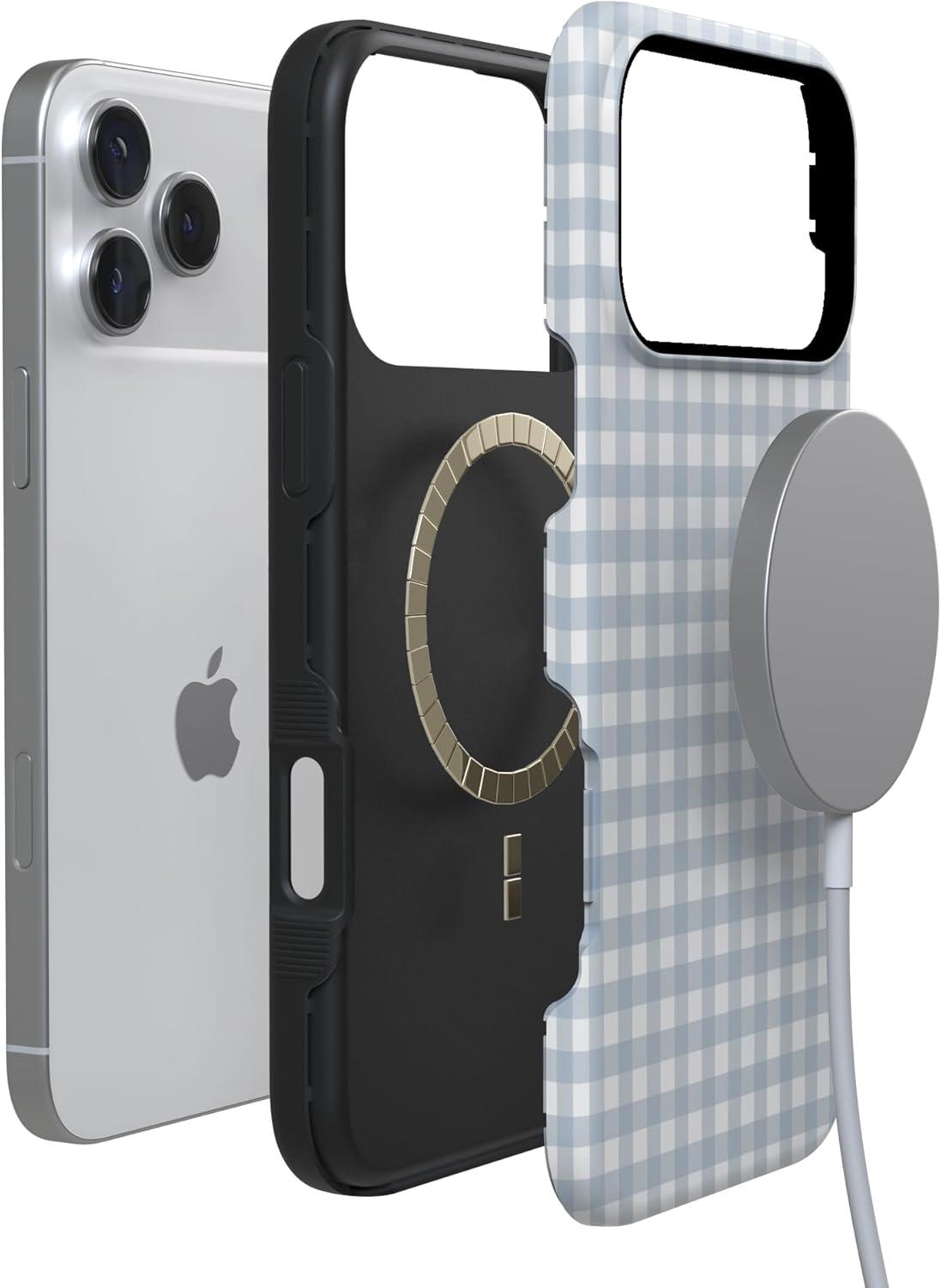 imageCasely iPhone 17 Pro Case Pastel Picnic Blue Gingham Bold Protective Design Compatible with MagSafe