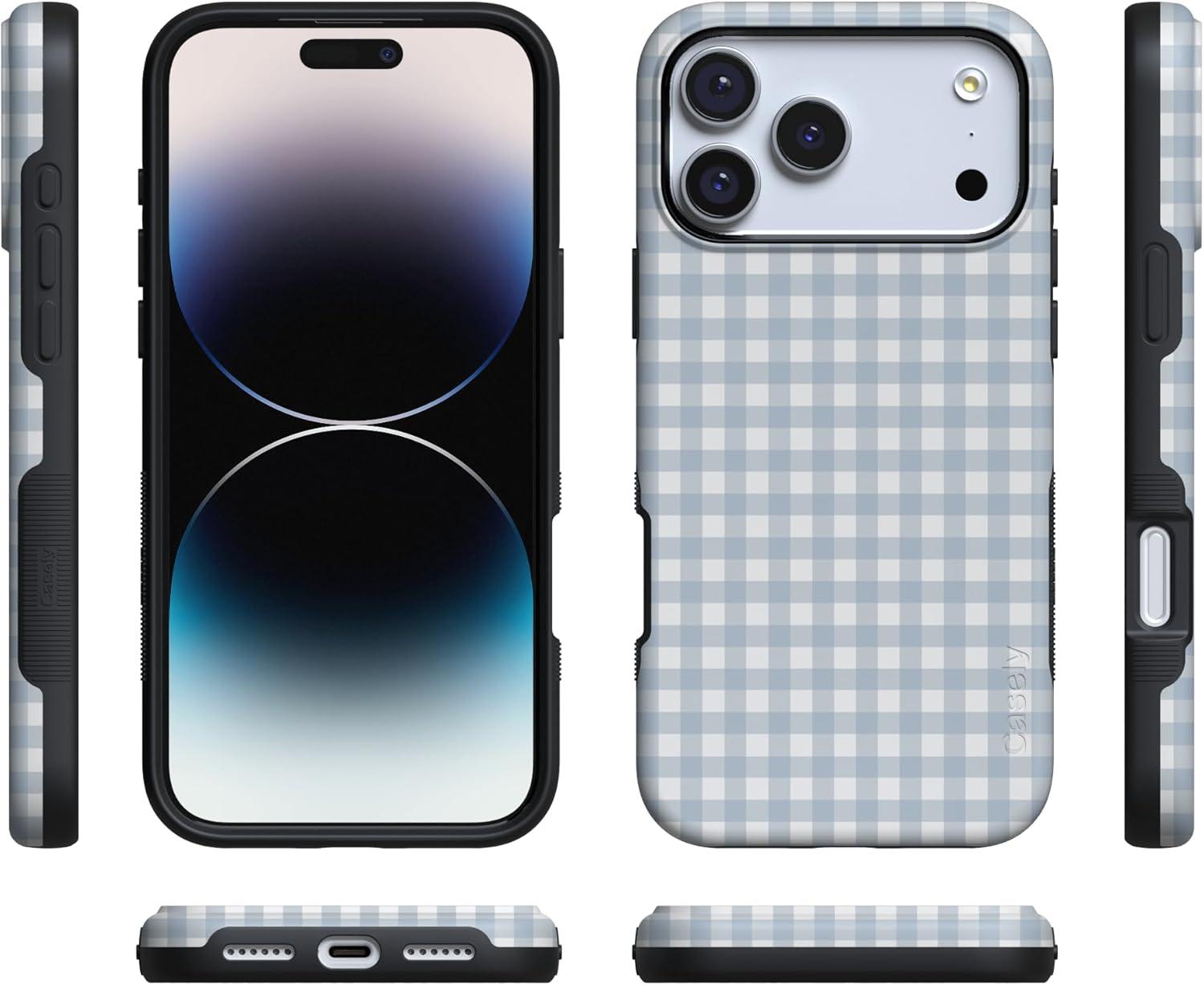 imageCasely iPhone 17 Pro Case Pastel Picnic Blue Gingham Bold Protective Design Compatible with MagSafe