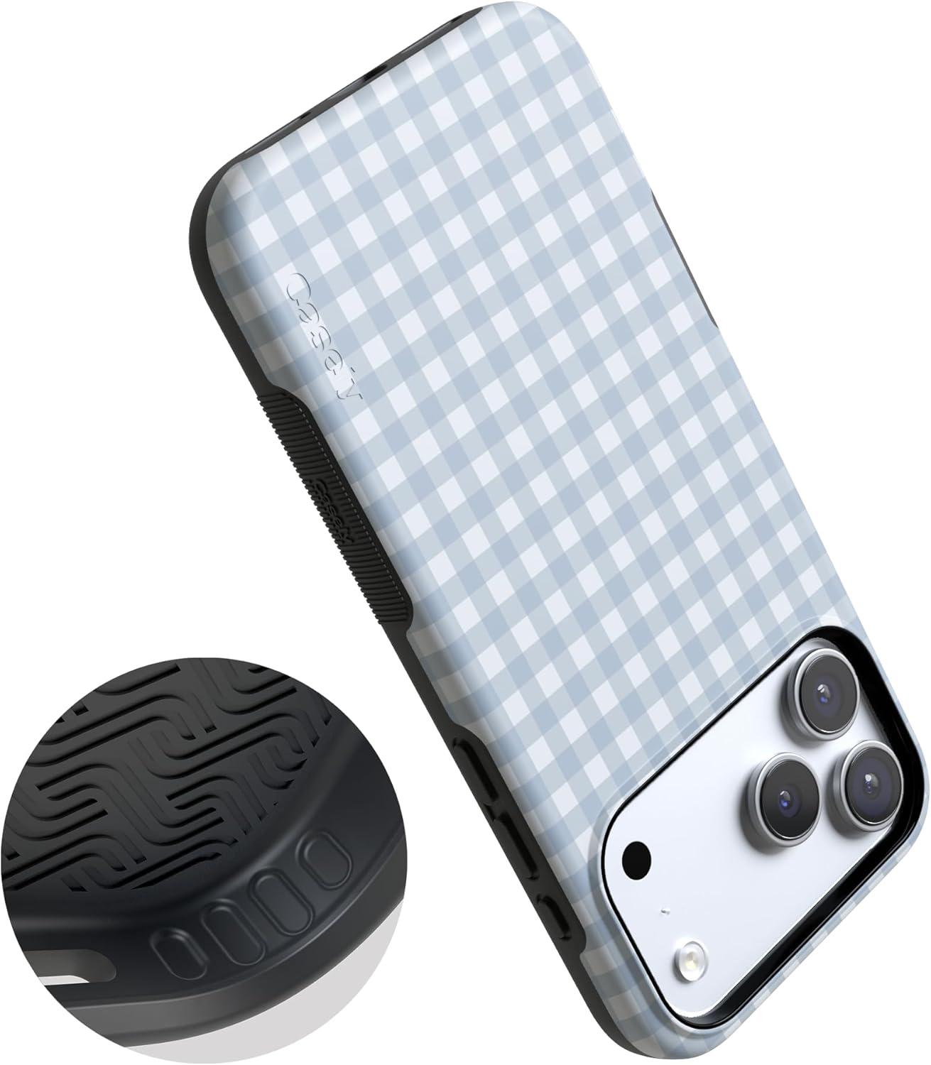 imageCasely iPhone 17 Pro Case Pastel Picnic Blue Gingham Bold Protective Design Compatible with MagSafe