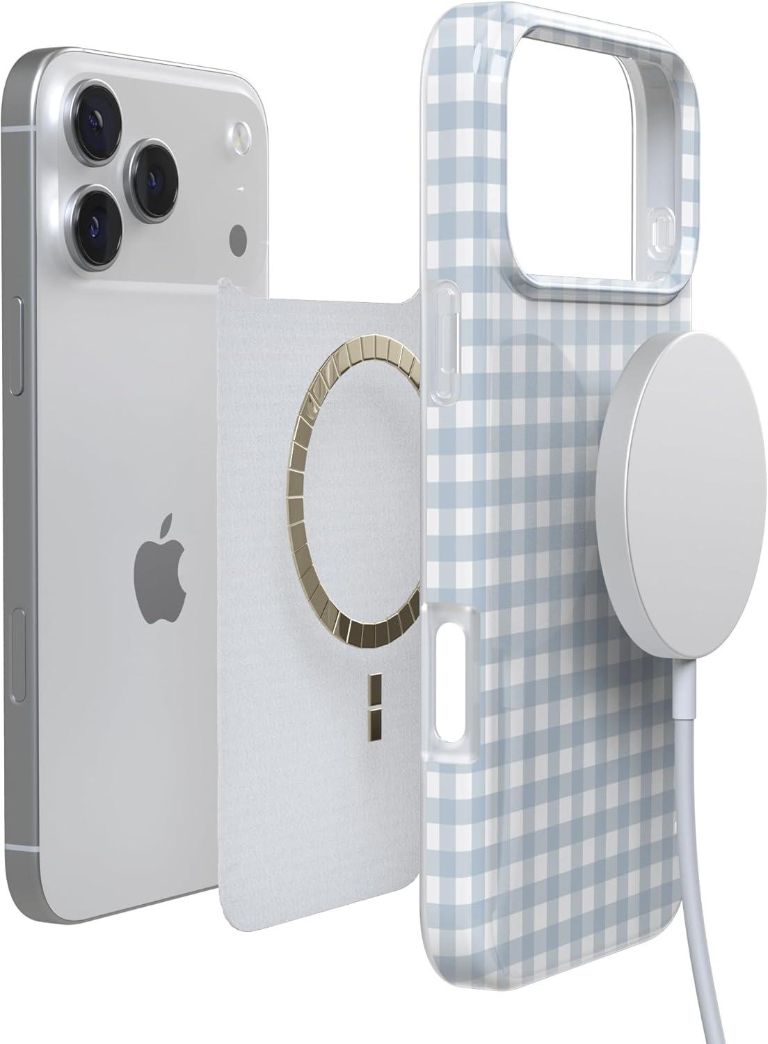 imageCasely iPhone 17 Pro Case Pastel Picnic Blue Gingham Compatible with MagSafe Classic Ultra Thin Design