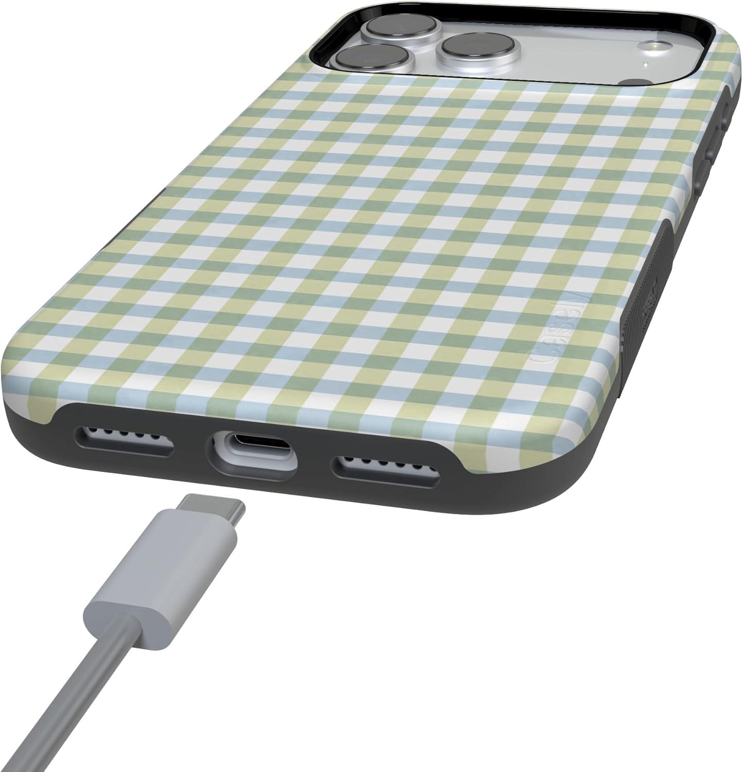 imageCasely iPhone 17 Pro Case Pastel Picnic Blue amp Green Gingham Bold Protective Design Compatible with MagSafe