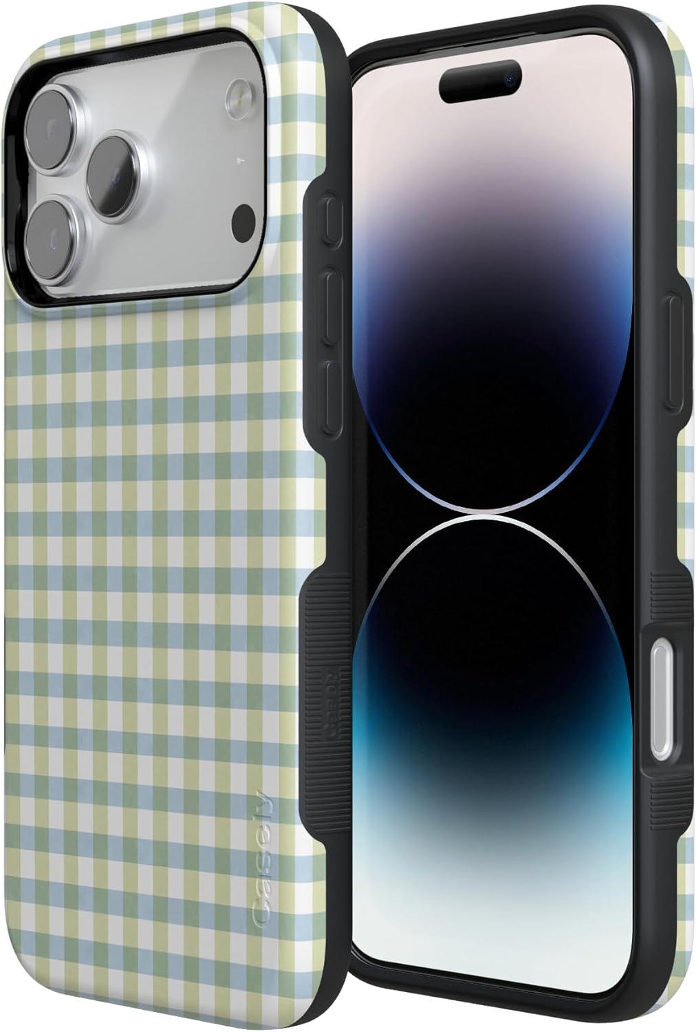 imageCasely iPhone 17 Pro Case Pastel Picnic Blue amp Green Gingham Bold Protective Design Compatible with MagSafe
