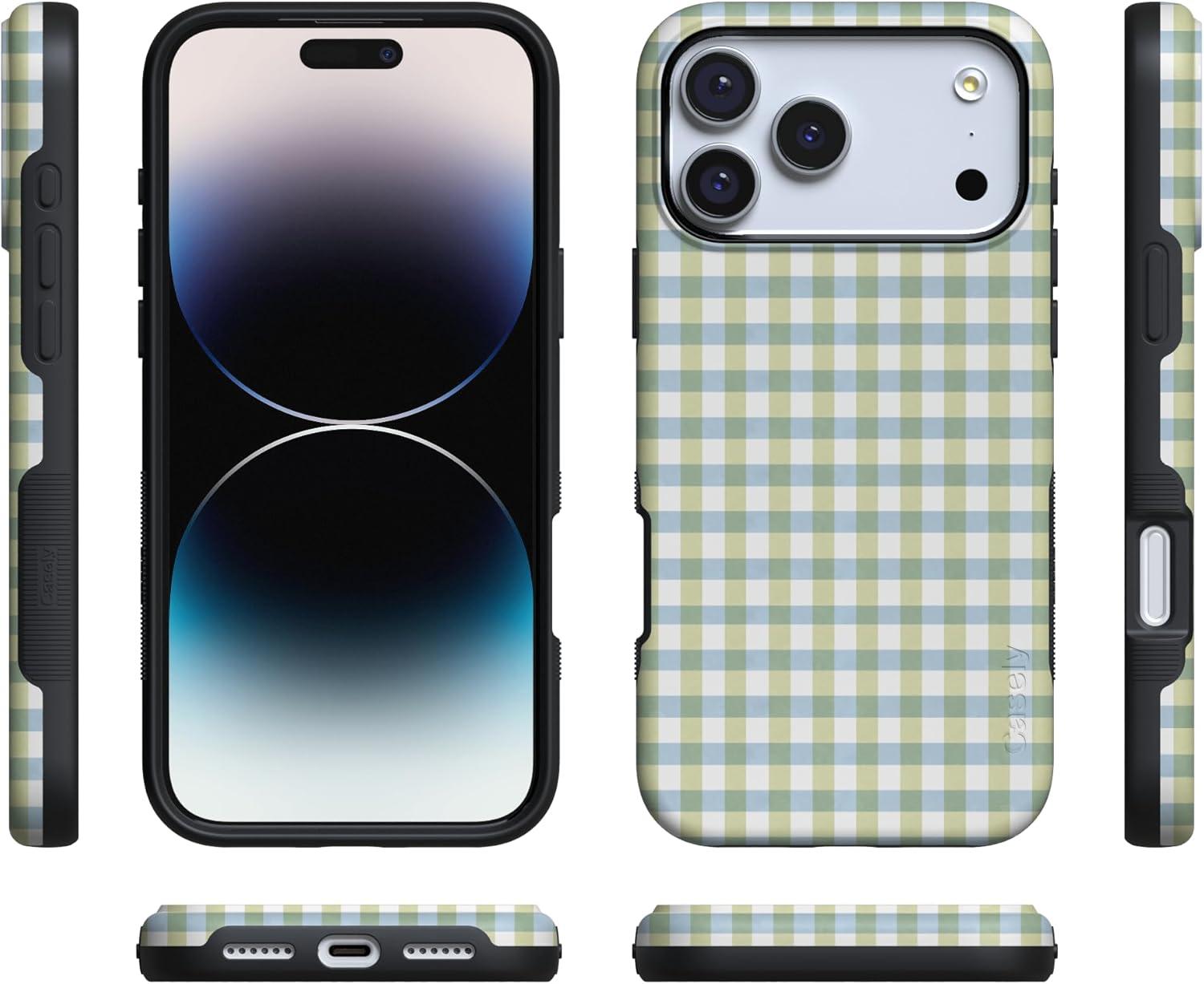 imageCasely iPhone 17 Pro Case Pastel Picnic Blue amp Green Gingham Bold Protective Design Compatible with MagSafe