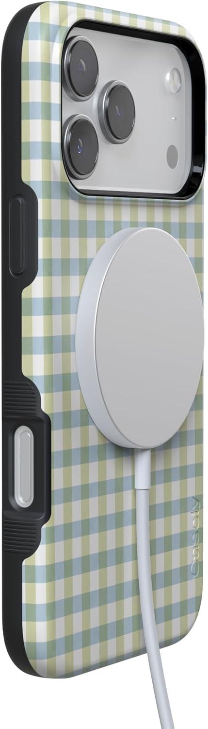 imageCasely iPhone 17 Pro Case Pastel Picnic Blue amp Green Gingham Bold Protective Design Compatible with MagSafe