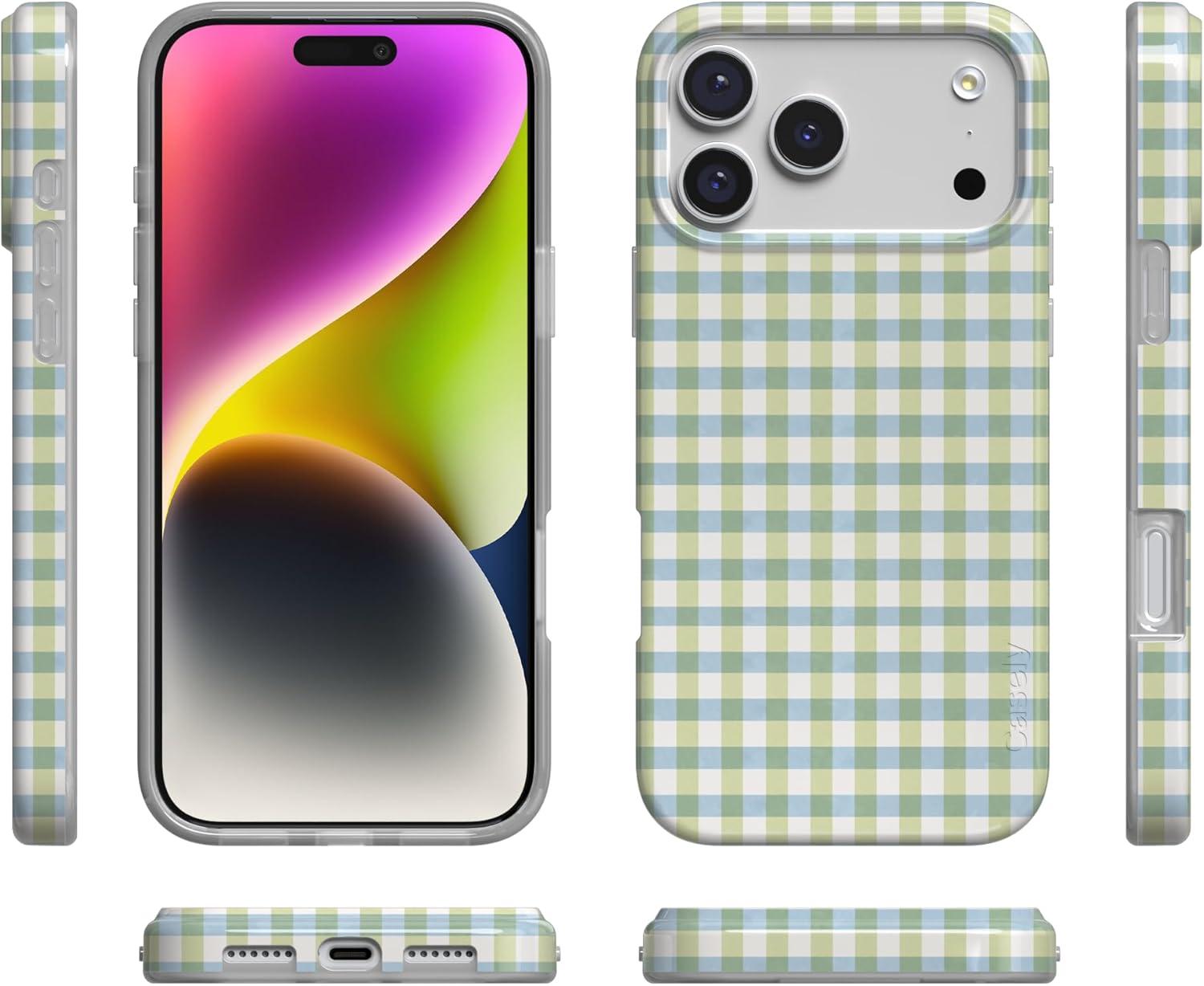 imageCasely iPhone 17 Pro Case Pastel Picnic Blue amp Green Gingham Compatible with MagSafe Classic Ultra Thin Design