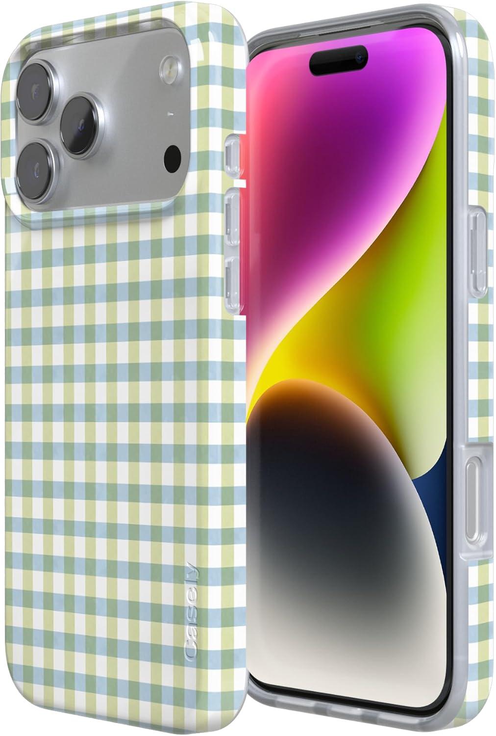 imageCasely iPhone 17 Pro Case Pastel Picnic Blue amp Green Gingham Compatible with MagSafe Classic Ultra Thin Design
