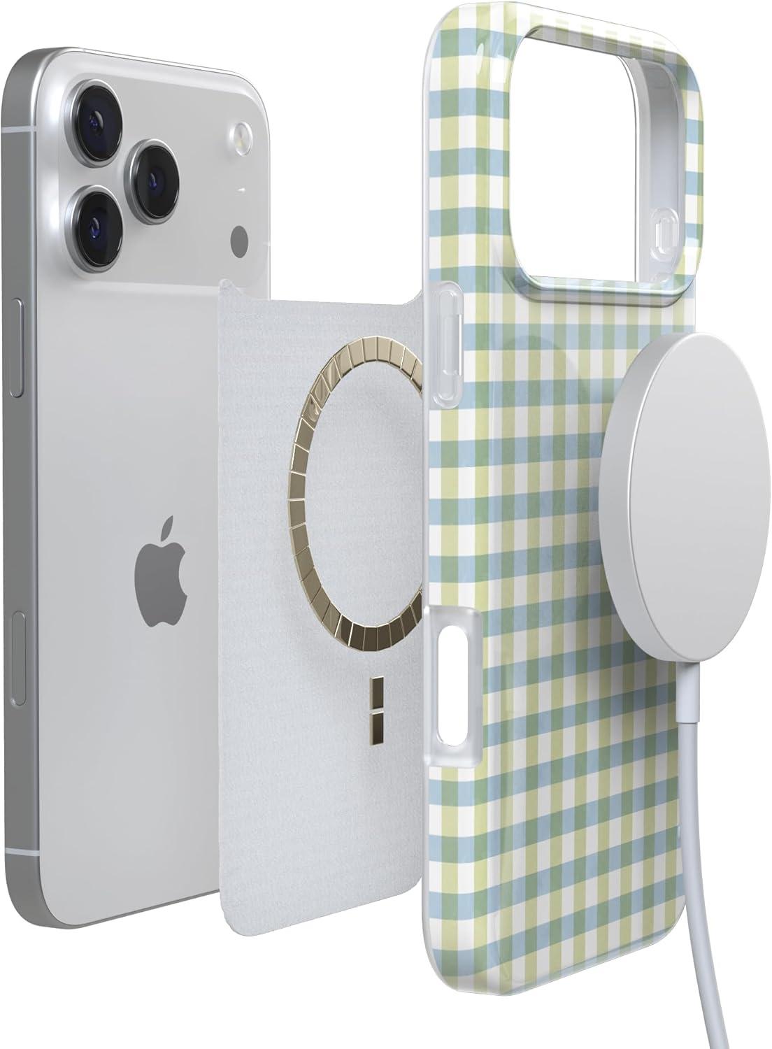 imageCasely iPhone 17 Pro Case Pastel Picnic Blue amp Green Gingham Compatible with MagSafe Classic Ultra Thin Design