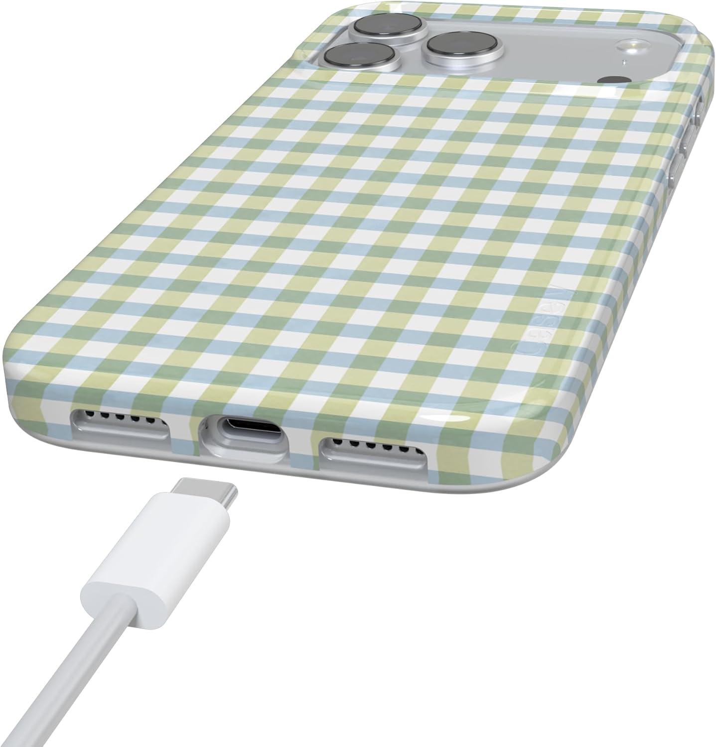 imageCasely iPhone 17 Pro Case Pastel Picnic Blue amp Green Gingham Compatible with MagSafe Classic Ultra Thin Design