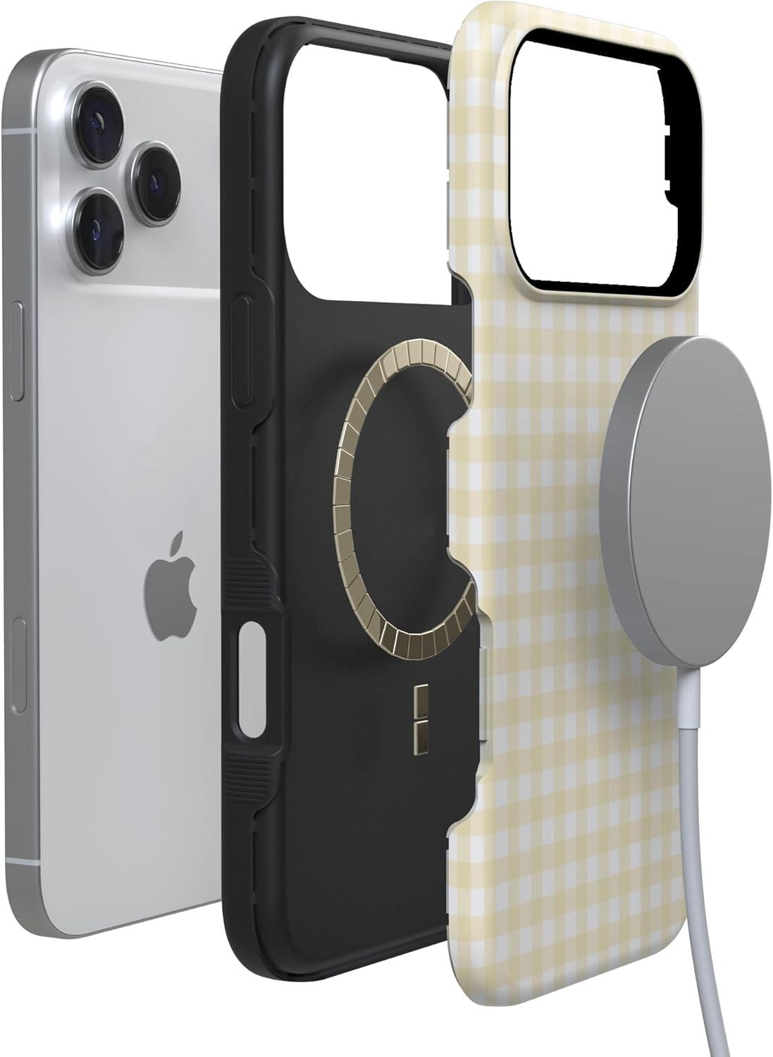 imageCasely iPhone 17 Pro Case Pastel Picnic Yellow Gingham Bold Protective Design Compatible with MagSafe