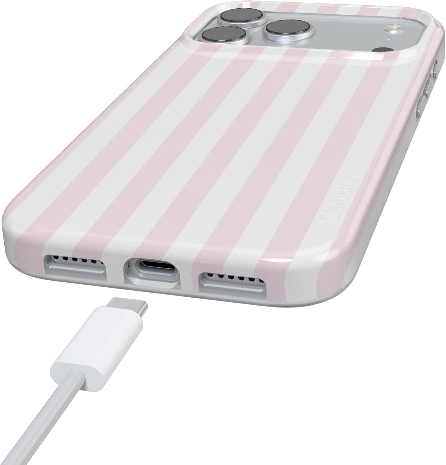 imageCasely iPhone 17 Pro Case Pink Stripes Sunday Best Compatible with MagSafe Classic Ultra Thin Design
