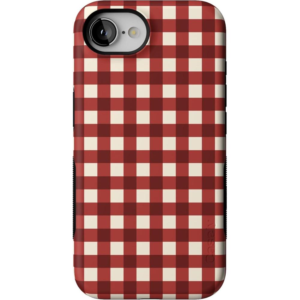 imageCasely iPhone 16e Case The Boyfriend Collection Army Green Bold Protective Design MagSafe Compatible DesignChecked Twice Red Plaid