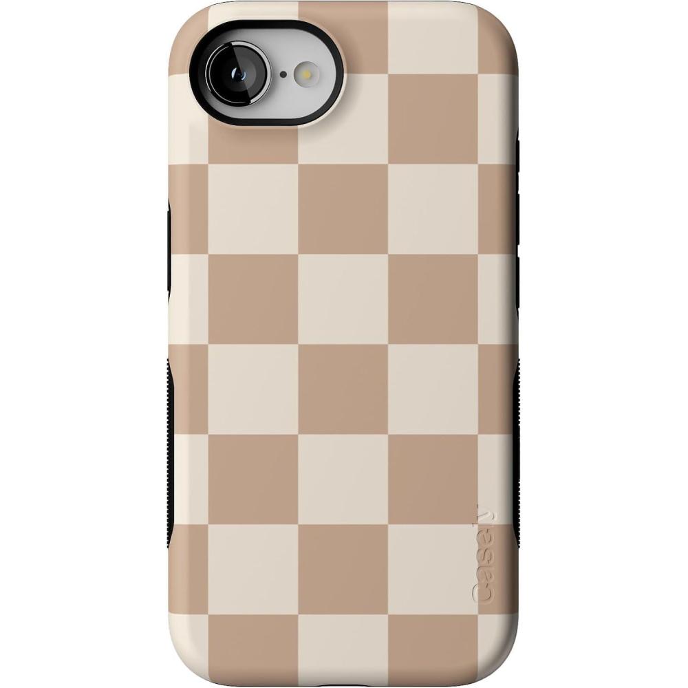 imageCasely iPhone 16e Case The Boyfriend Collection Army Green Bold Protective Design MagSafe Compatible DesignFit Check Neutral Checkerboard