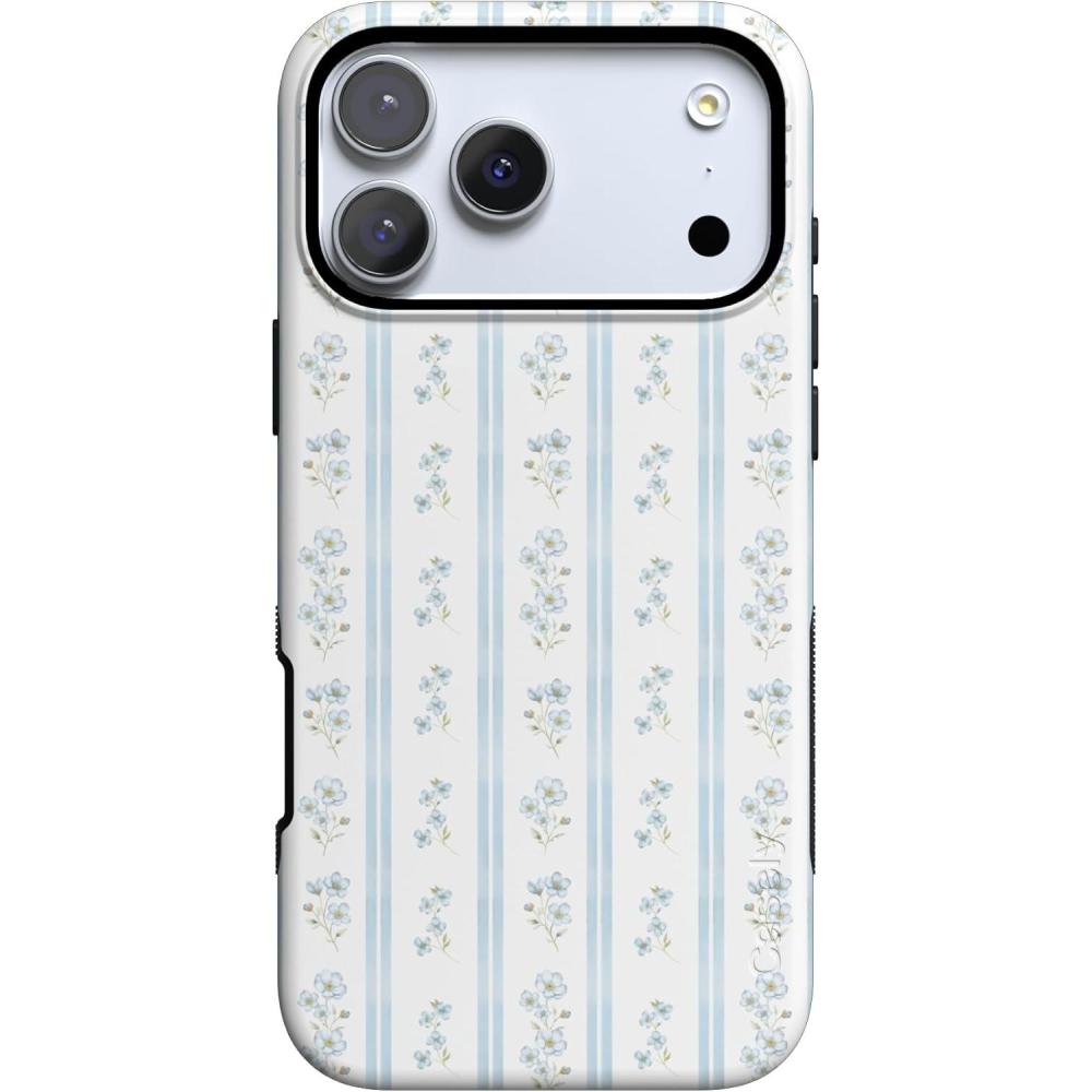 imageCasely iPhone 17 Pro Case Cottage Stripe Blue Floral Bold Protective Design Compatible with MagSafe