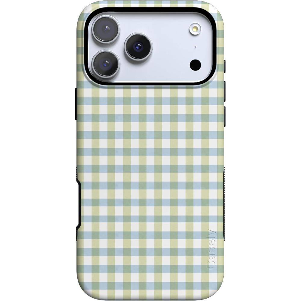 imageCasely iPhone 17 Pro Case Pastel Picnic Blue amp Green Gingham Bold Protective Design Compatible with MagSafe