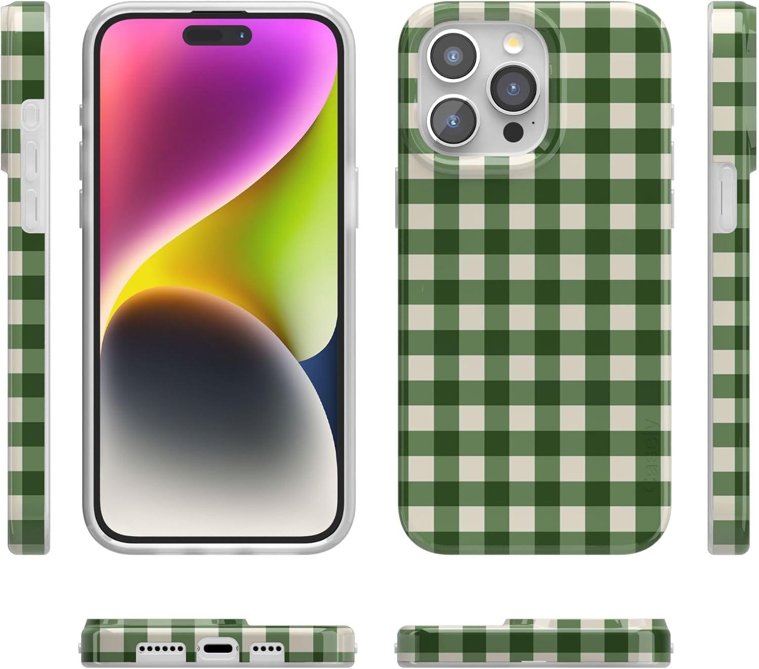 imageCasely iPhone 15 Pro Case Checked Twice Green Plaid Compatible with MagSafe Classic Ultra Thin Design