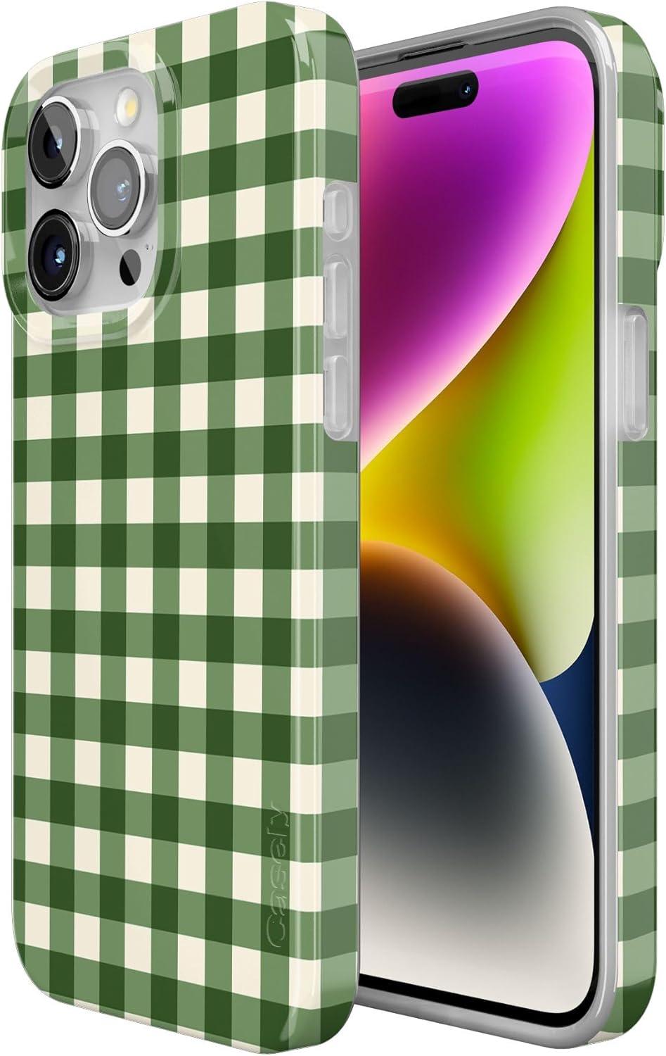 imageCasely iPhone 15 Pro Case Checked Twice Green Plaid Compatible with MagSafe Classic Ultra Thin Design