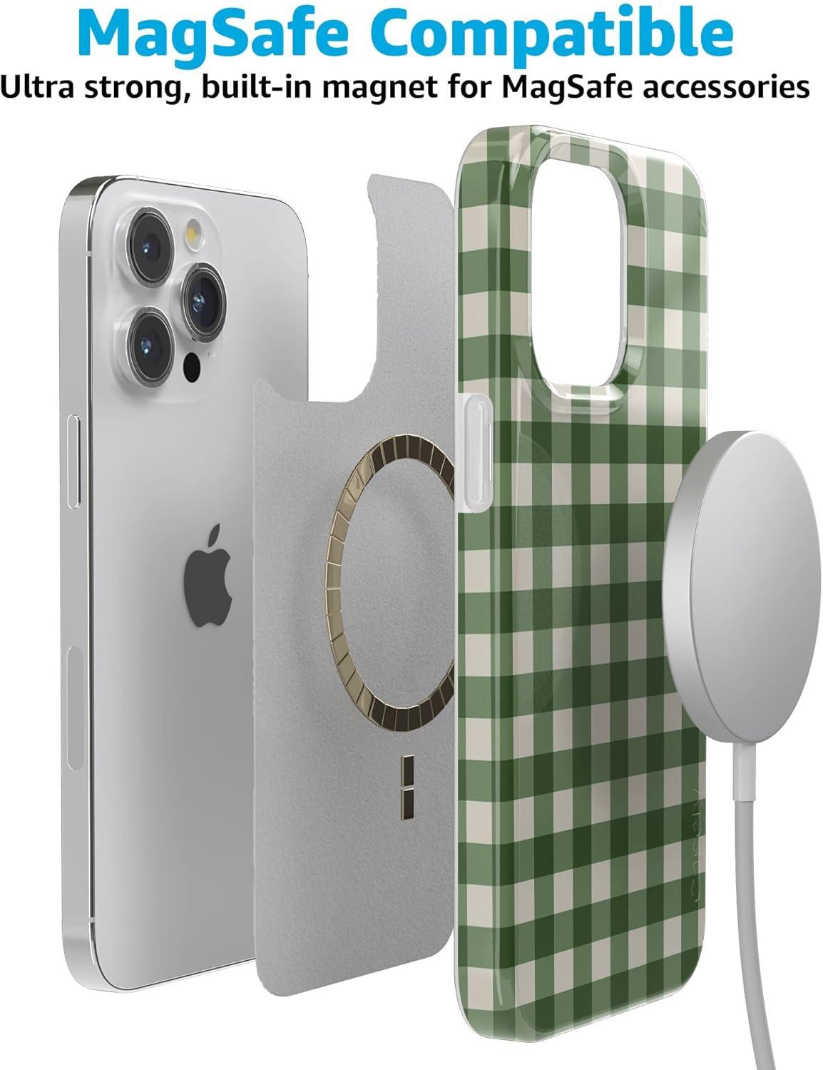 imageCasely iPhone 15 Pro Case Checked Twice Green Plaid Compatible with MagSafe Classic Ultra Thin Design