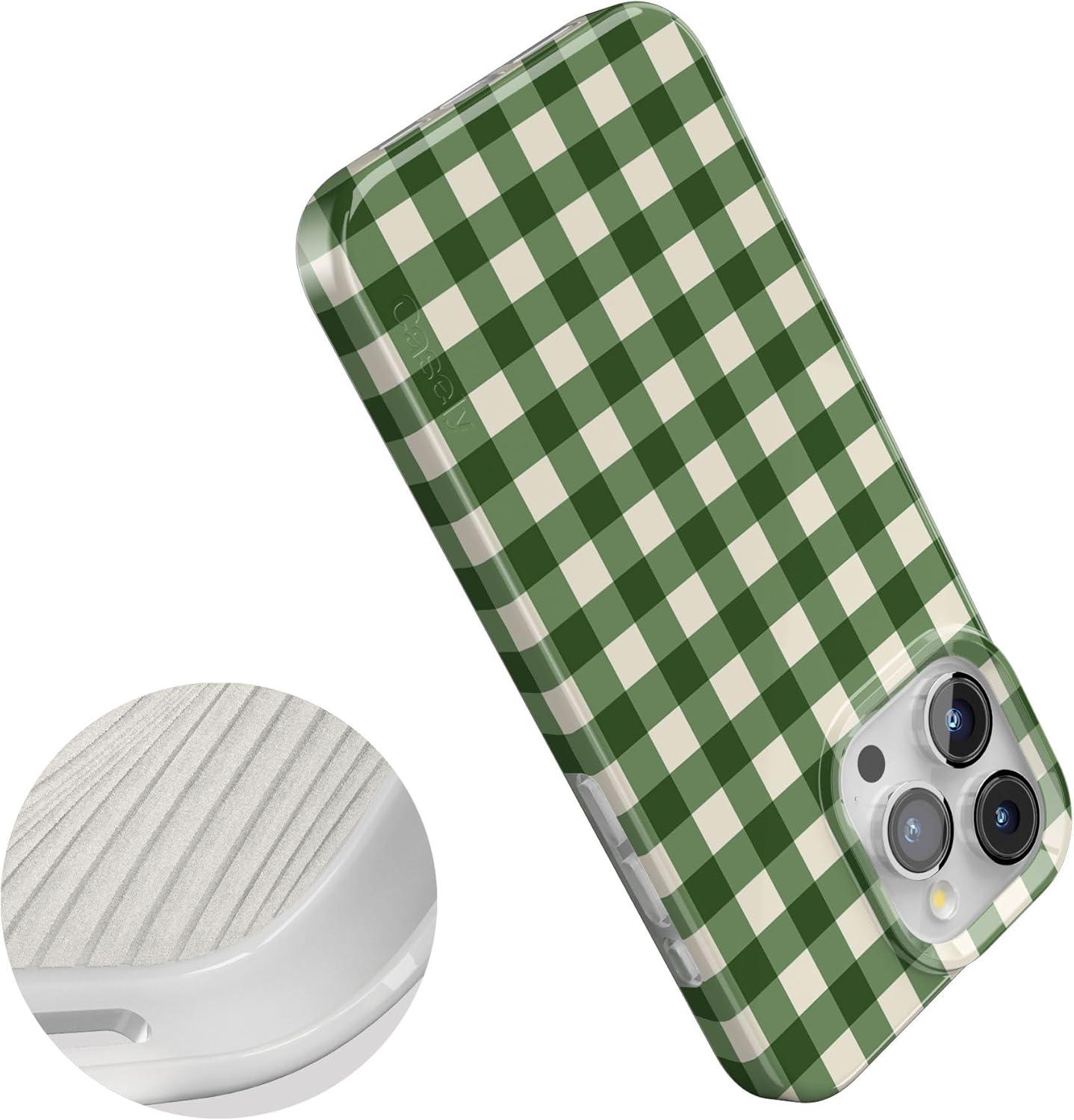imageCasely iPhone 15 Pro Case Checked Twice Green Plaid Compatible with MagSafe Classic Ultra Thin Design