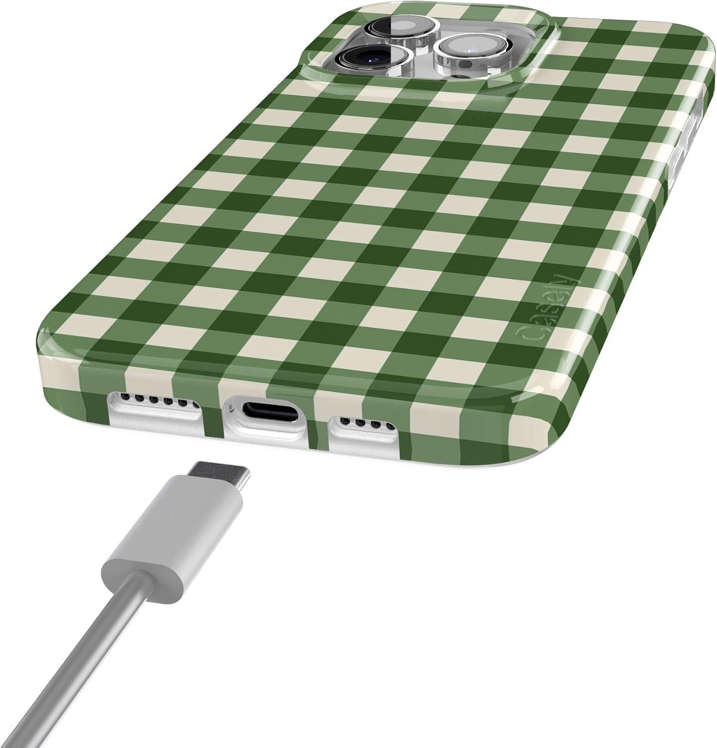 imageCasely iPhone 15 Pro Case Checked Twice Green Plaid Compatible with MagSafe Classic Ultra Thin Design