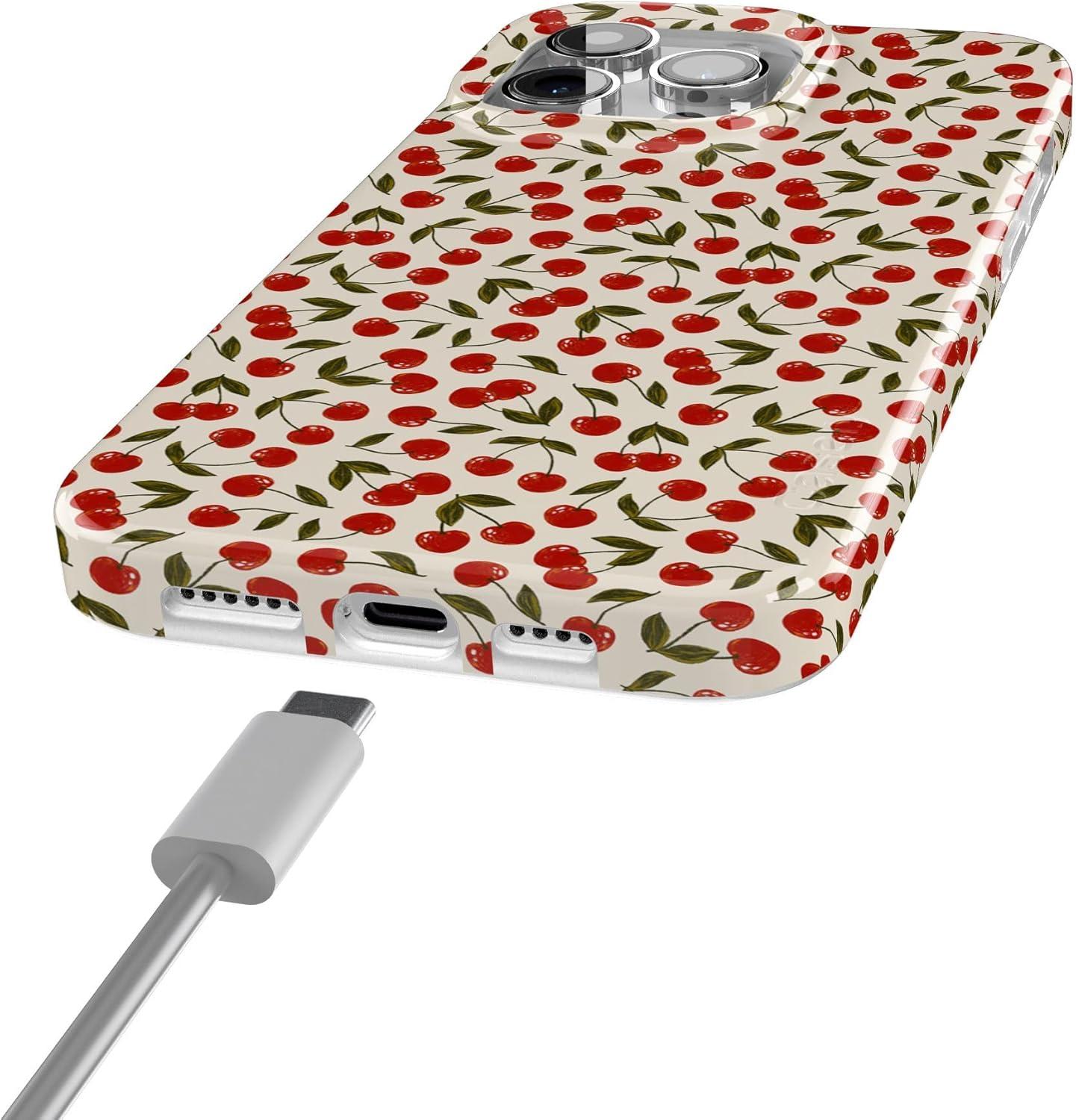 imageCasely iPhone 15 Pro Case Cherry on Top Red Cherries Compatible with MagSafe Classic Ultra Thin Design
