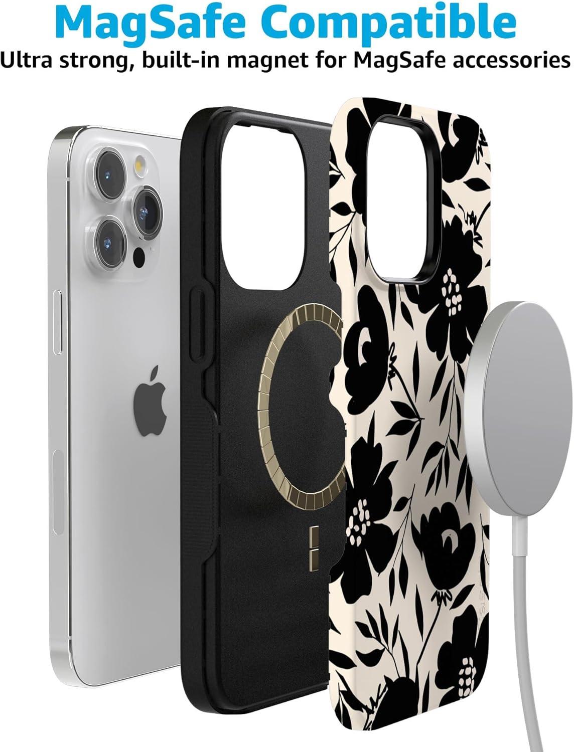 imageCasely iPhone 15 Pro Case Dark Fantasy Contrast Floral Bold Protective Design Compatible with MagSafe