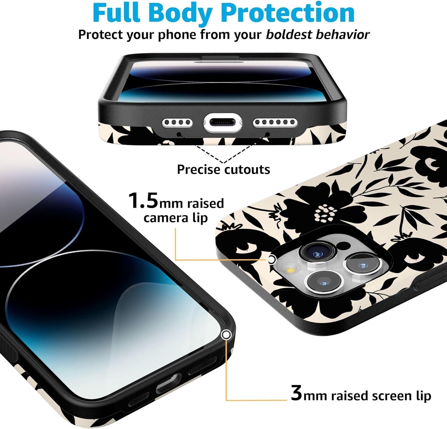 imageCasely iPhone 15 Pro Case Dark Fantasy Contrast Floral Bold Protective Design Compatible with MagSafe