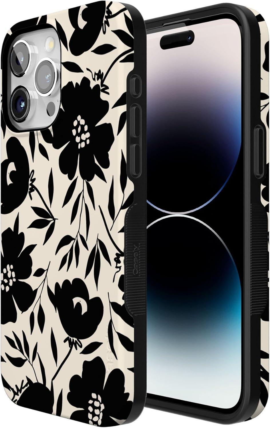 imageCasely iPhone 15 Pro Case Dark Fantasy Contrast Floral Bold Protective Design Compatible with MagSafe