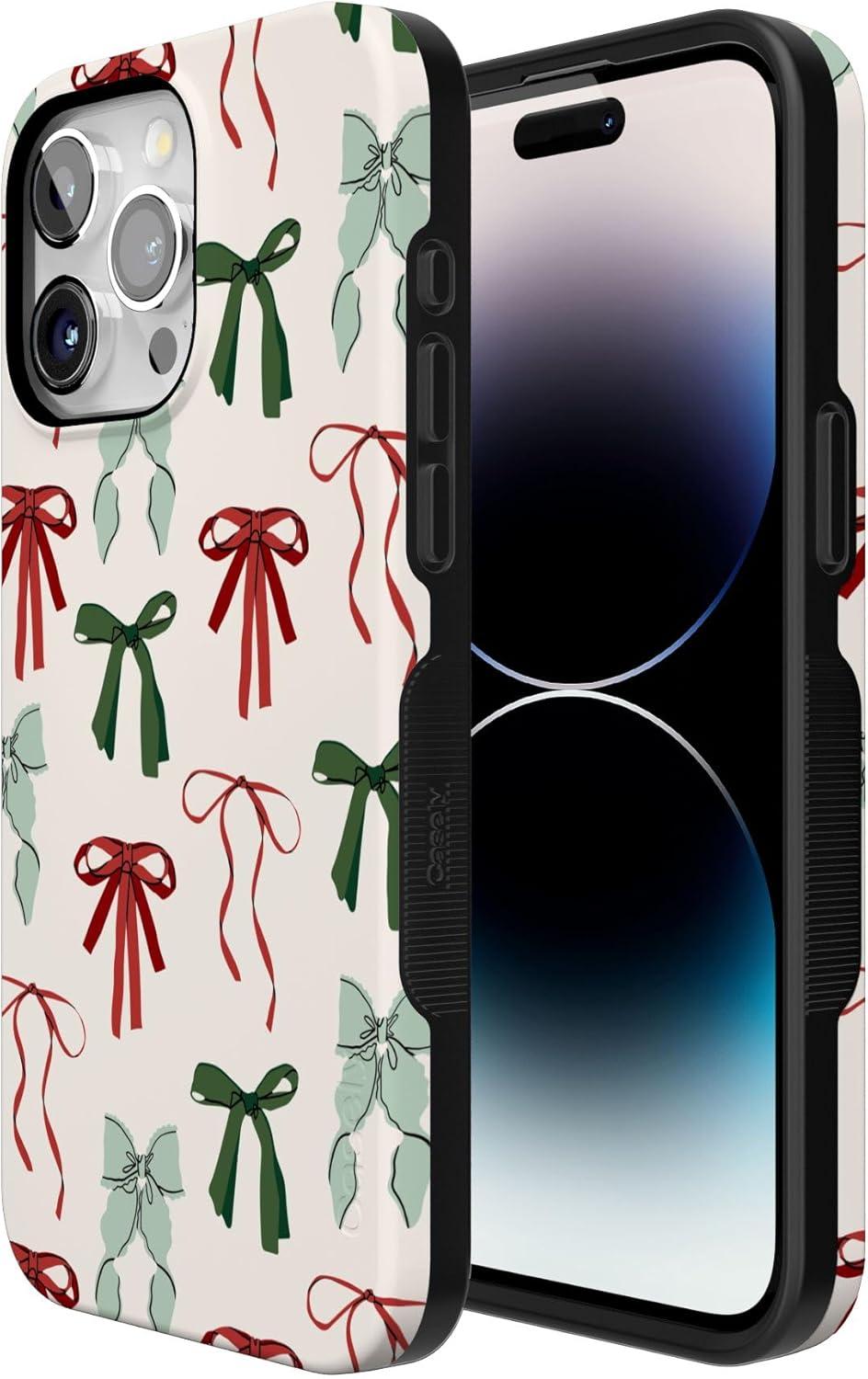 imageCasely iPhone 15 Pro Case Festive Girlie Holiday Bows Bold Protective Design Compatible with MagSafe