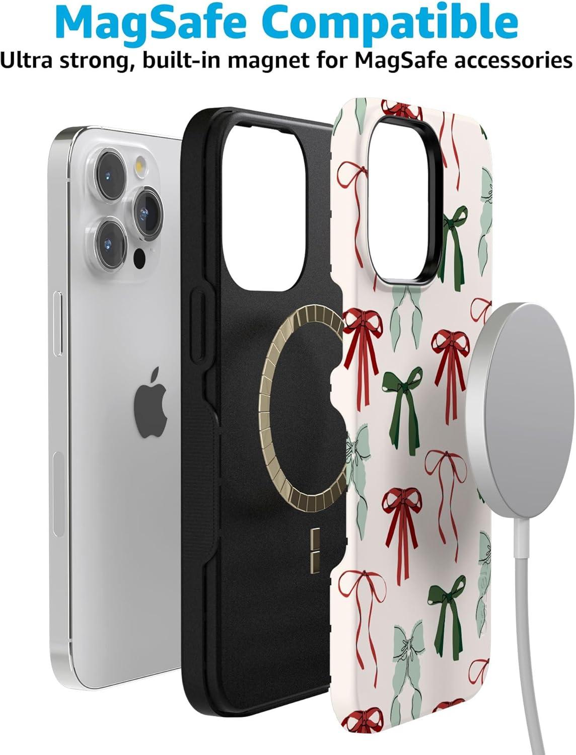 imageCasely iPhone 15 Pro Case Festive Girlie Holiday Bows Bold Protective Design Compatible with MagSafe