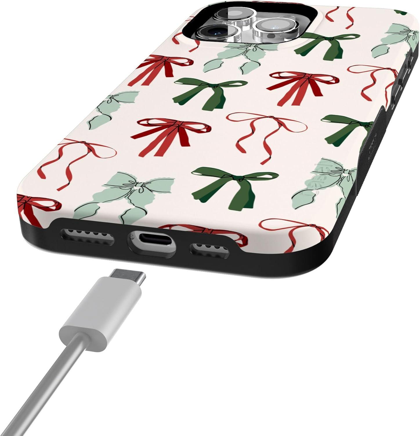 imageCasely iPhone 15 Pro Case Festive Girlie Holiday Bows Bold Protective Design Compatible with MagSafe