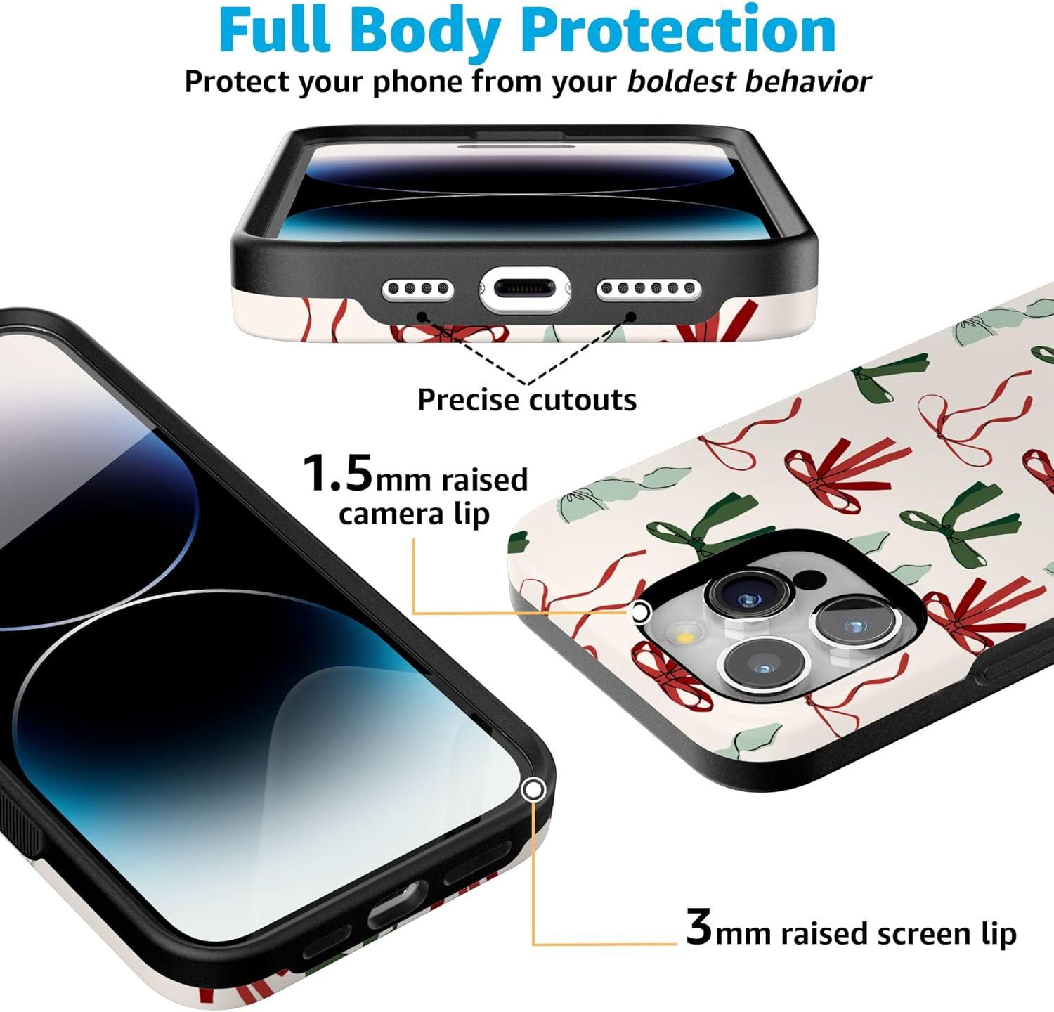 imageCasely iPhone 15 Pro Case Festive Girlie Holiday Bows Bold Protective Design Compatible with MagSafe