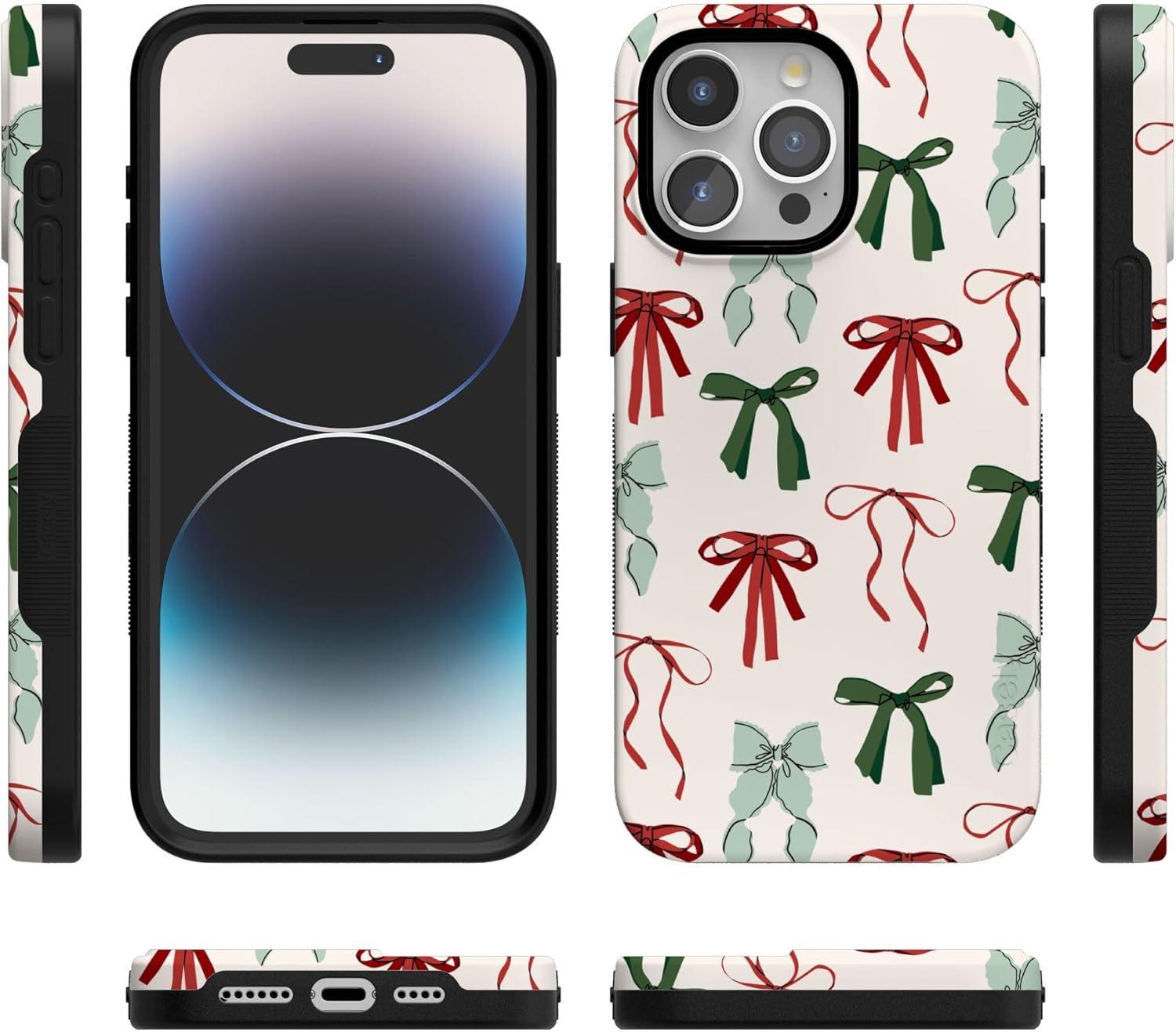 imageCasely iPhone 15 Pro Case Festive Girlie Holiday Bows Bold Protective Design Compatible with MagSafe